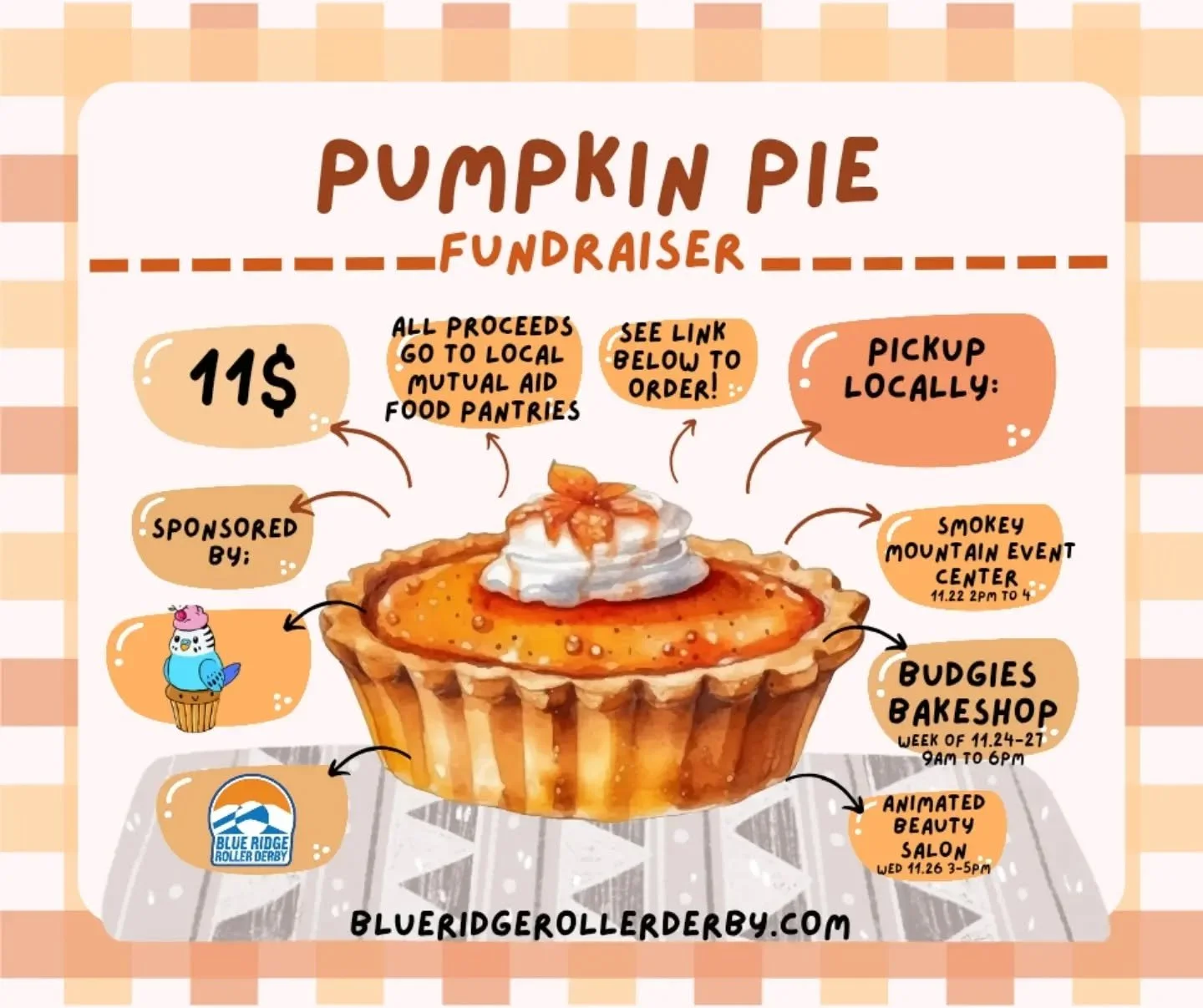 As we witness many folks in the area facing food insecurity, we want to share this opportunity to support local mutual aid food pantries. Budgies Bakeshop โ ๐ฅhas teamed up with Blue Ridge Roller Derby ๐ผ to raise funds through a Pumpkin Pie Fundrais