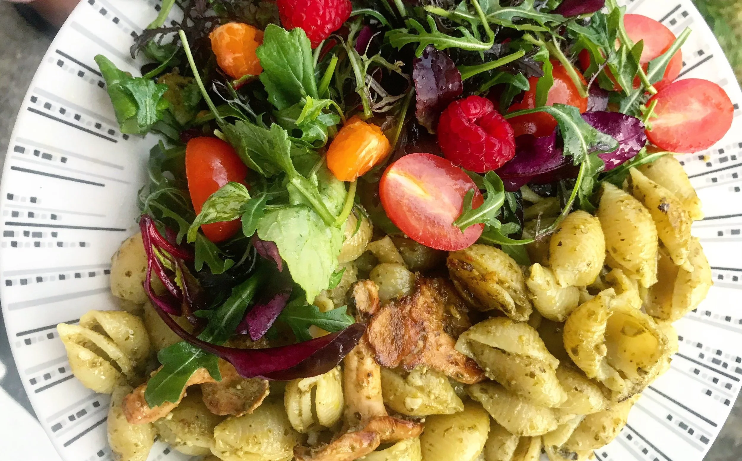 Salad & earthy aroma Maitako mushroom, pasta with spicy pesto. Very tasty treat! Mushrooms are great for you. They have many health benefits.