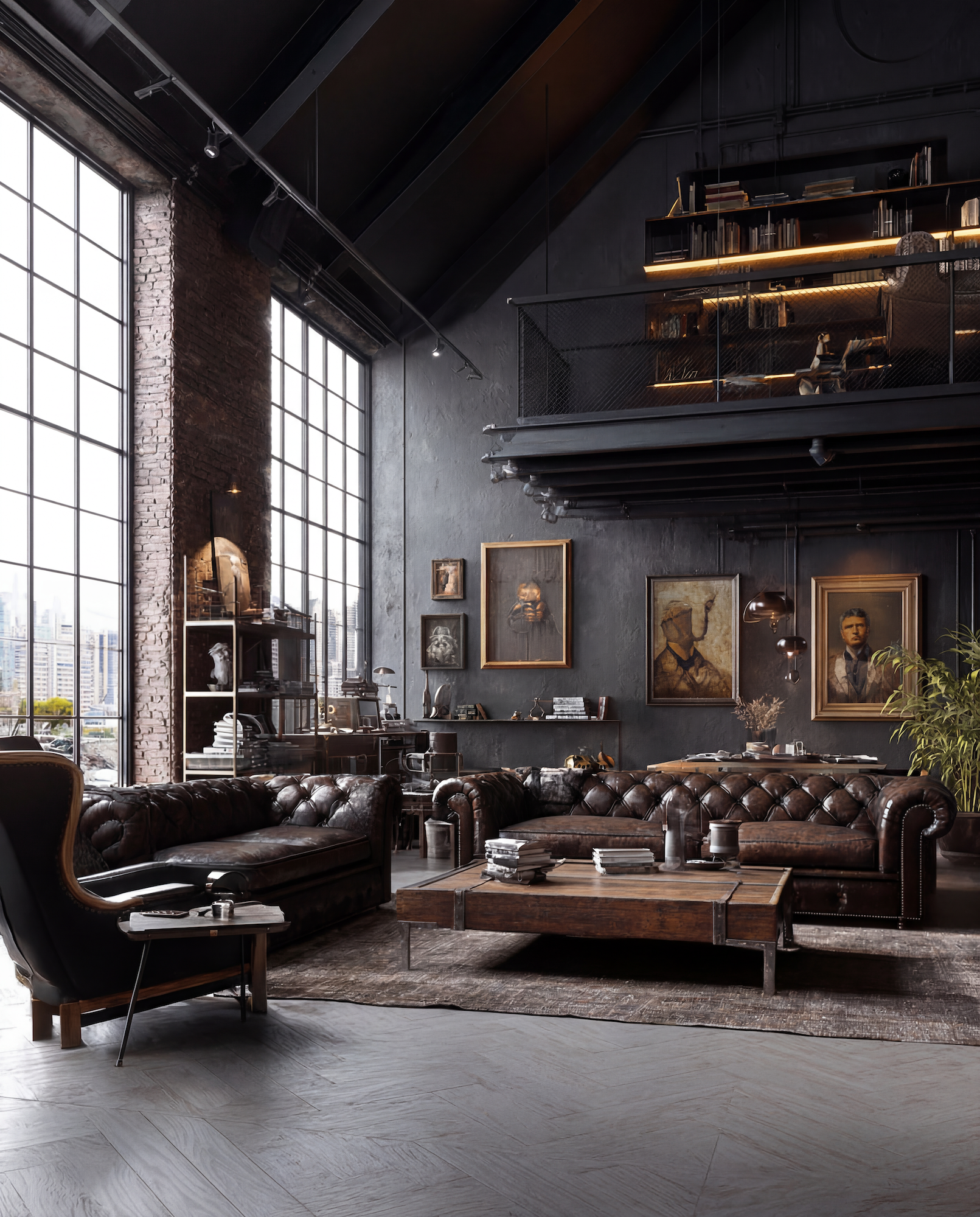Modern industrial-style living room with large windows, leather sofas, wooden coffee table, artwork on dark gray walls, and a loft area with bookshelves.