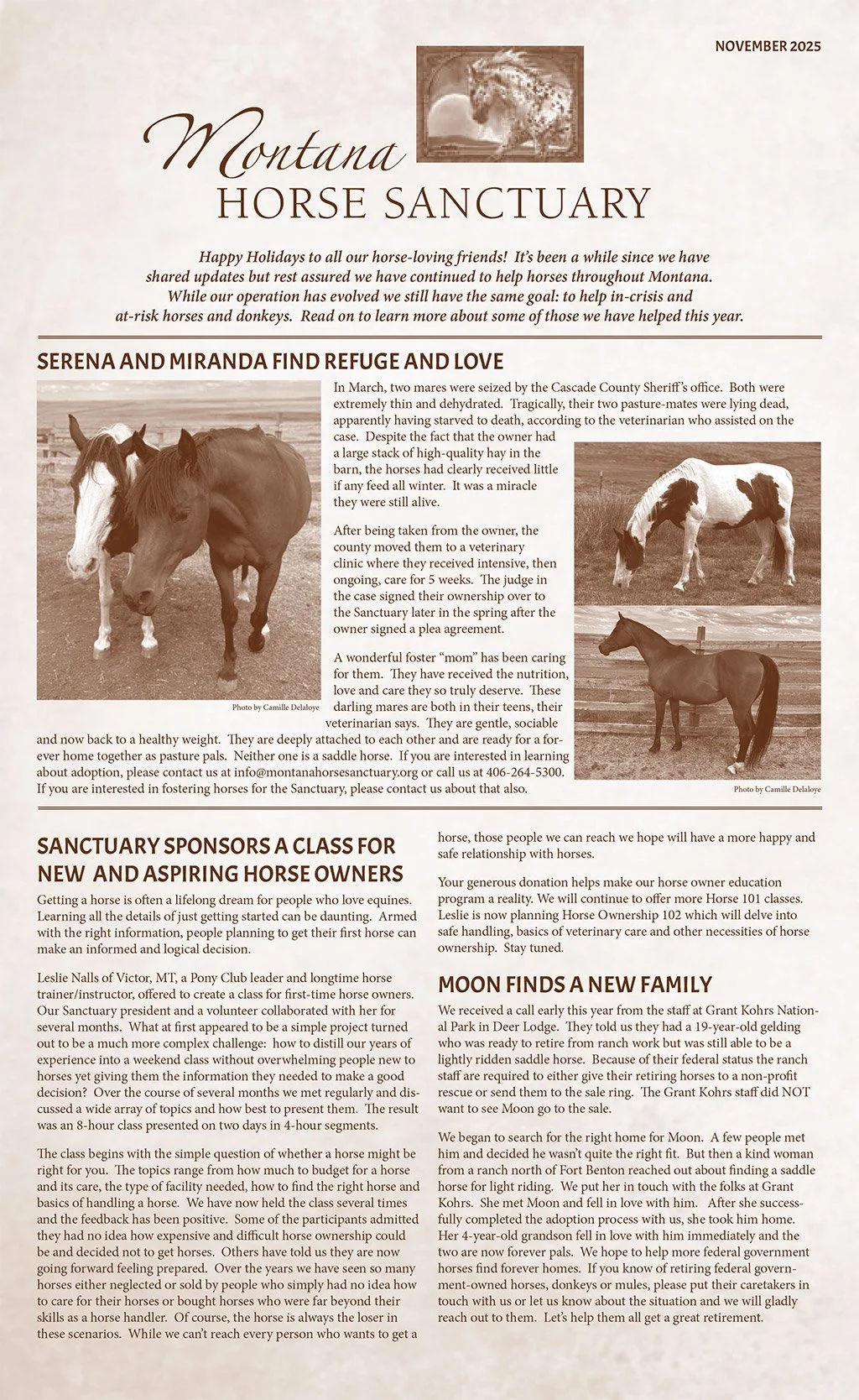 Montana Horse Sanctuary November 2025 newsletter page 1