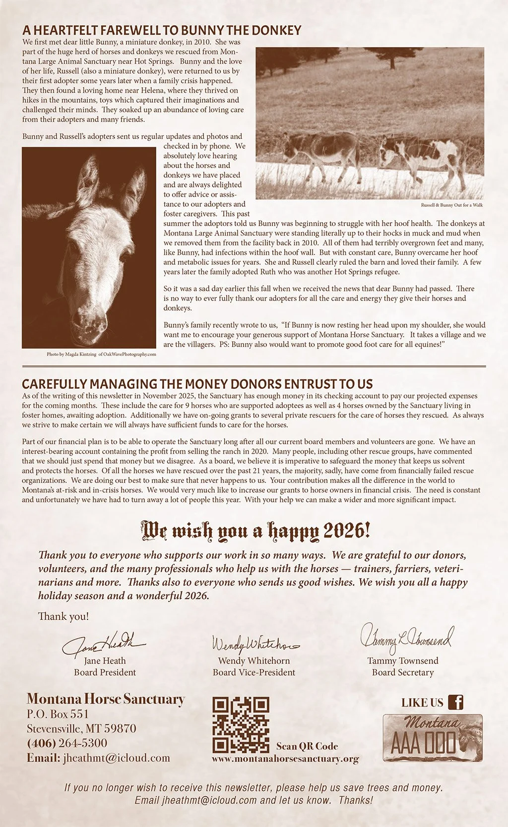 Montana Horse Sanctuary November 2025 newsletter page 2
