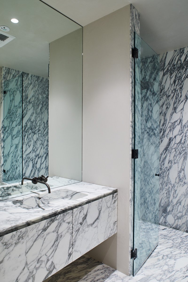 custom arabescato marble vanities for willo perron's LA ROC NATION project