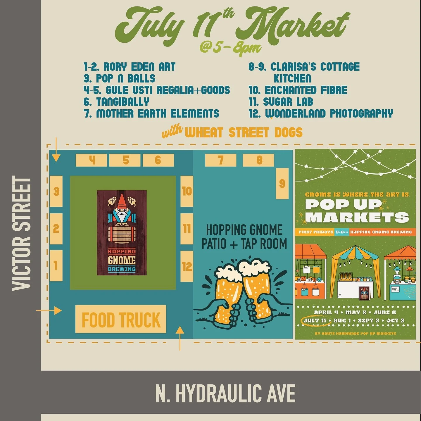 🎨✨ Get ready to sip, shop, and stroll &mdash; here&rsquo;s your booth map for tonight&rsquo;s Pop Up Market at Hopping Gnome Brewing, 5&ndash;8pm!

🛍️ Find your favorite makers:
1&ndash;2. Rory Eden Art
3. Pop N Balls
4&ndash;5. Gule Usti Regalia +