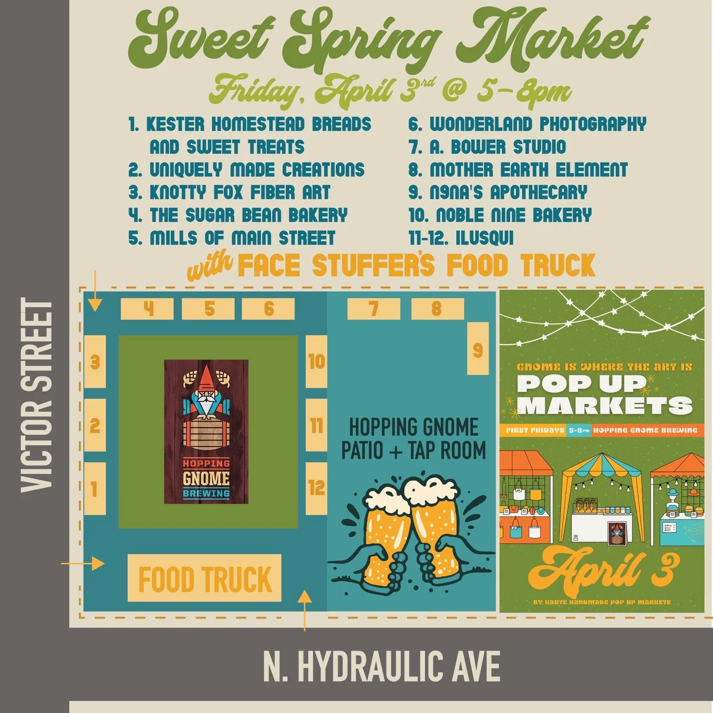 We can&rsquo;t wait to see you tonight at Hopping Gnome Brewing for our First Friday Pop Up Market Series kick off &ldquo;Sweet Spring Market&rdquo;! 🎨🍺🌷🍪 Friday, April 3rd @ 5-8pm 🎪