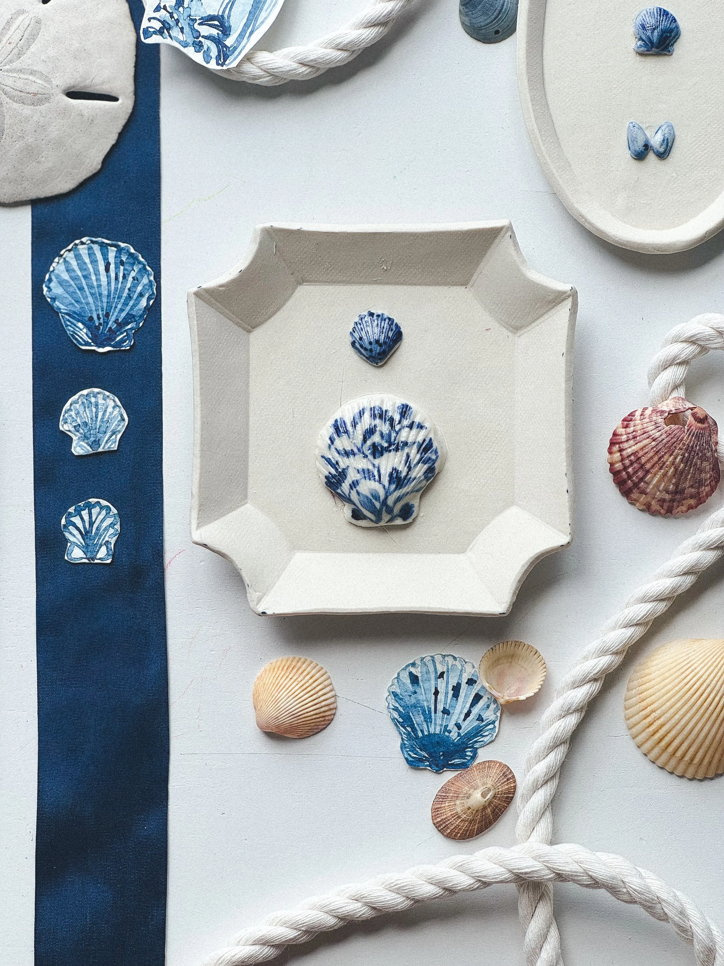 Shell Study no. iv: Indigo Floral Scallops (Square Frame)