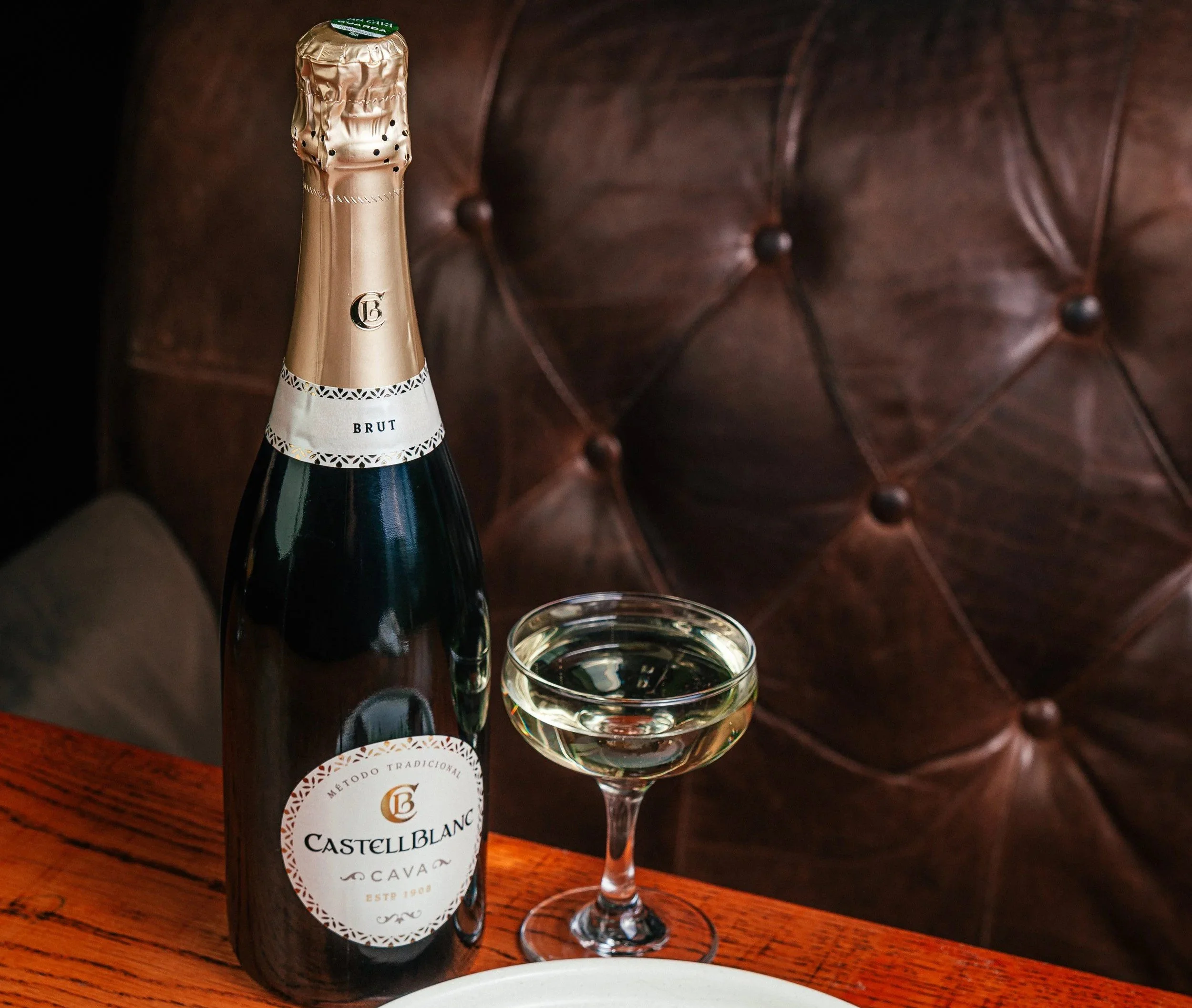 A refreshing glass of Cava Brut served during bottomless brunch at Fox on John in Toronto.