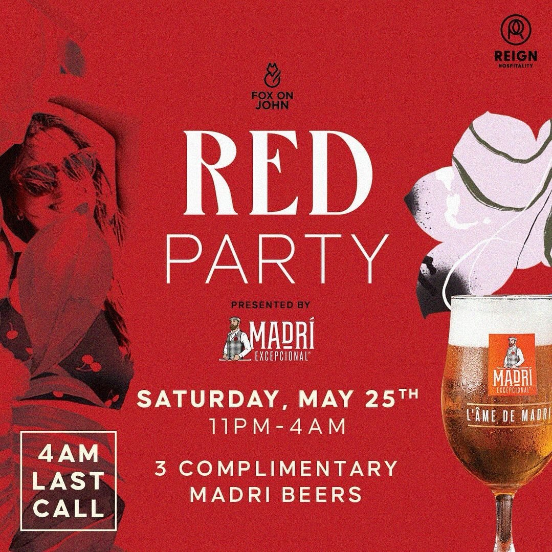 Join us for a night to remember at Fox on John&rsquo;s Red Party, presented by @madriexcepcionalcanada! Wear something red ❤️ and get ready to dance until 4 AM with live DJs spinning the hottest tracks.

Date: Saturday, May 25th, 2024
Time: 11:00 PM 