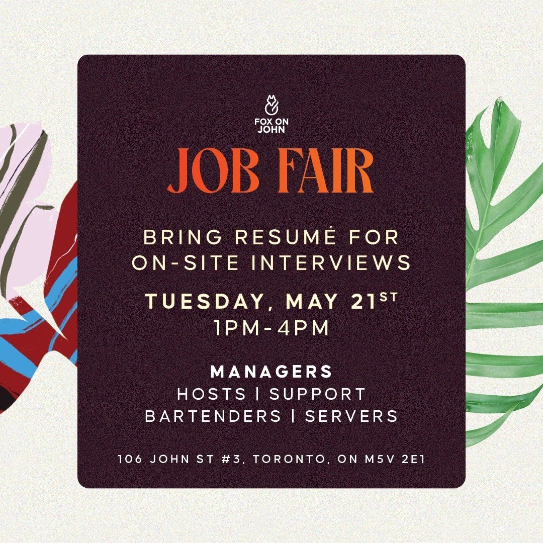 🚨 Join our team! 🚨 Fox on John is hosting a job fair on Tuesday, May 21st from 1 PM - 4 PM. ⁠
⁠
We're looking for managers, support staff, servers, bartenders, and hosts. ⁠
⁠
Come in for an in-person interview and be part of our vibrant team! ⁠
⁠
?