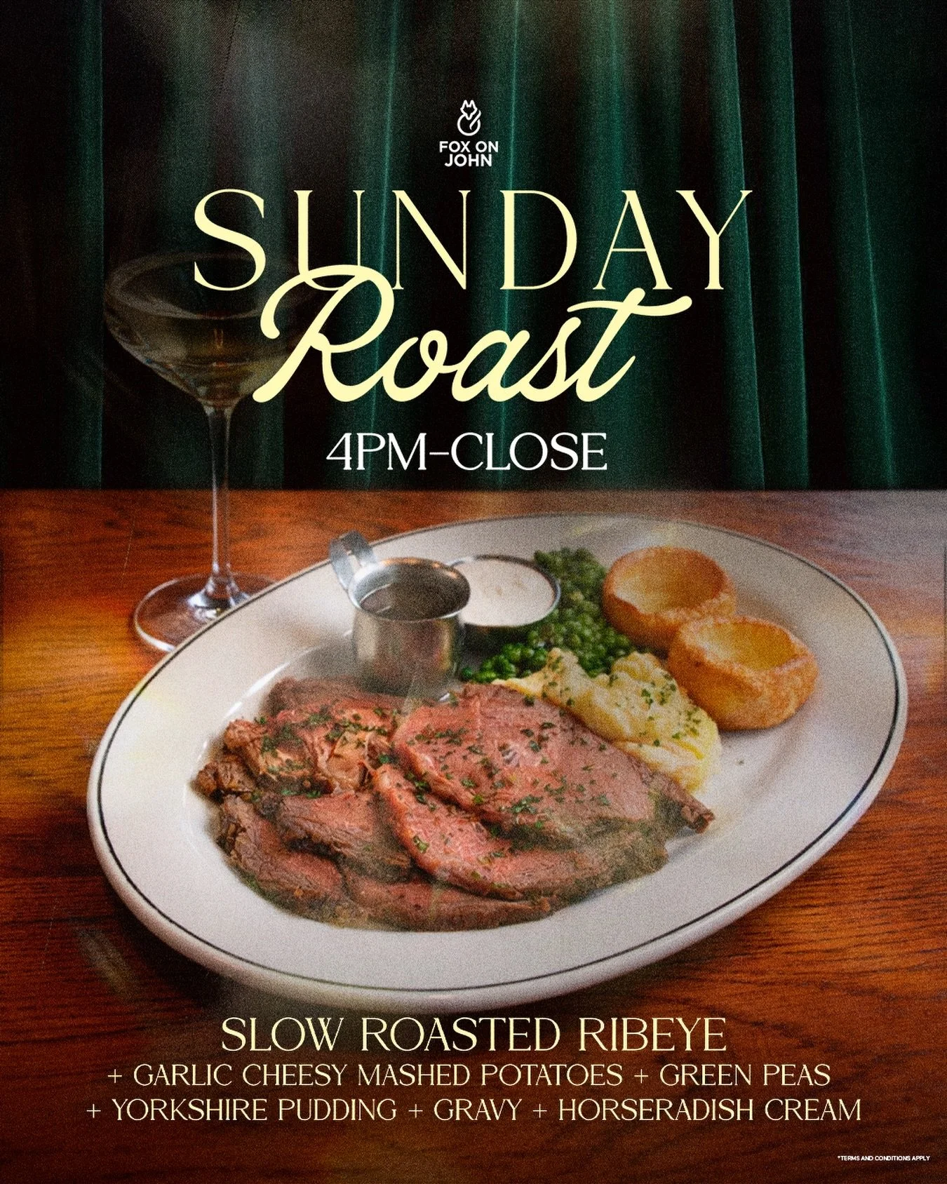 SUNDAY ROAST AT FOX ON JOHN 🥩🔥
Sundays from 4 PM

Slow-roasted rib eye with garlic cheesy mashed potatoes, Yorkshire pudding, gravy, and horseradish cream. Classic comfort, done right 🍽️✨

Available Sundays only at Fox on John.
Book now at FoxOnJo