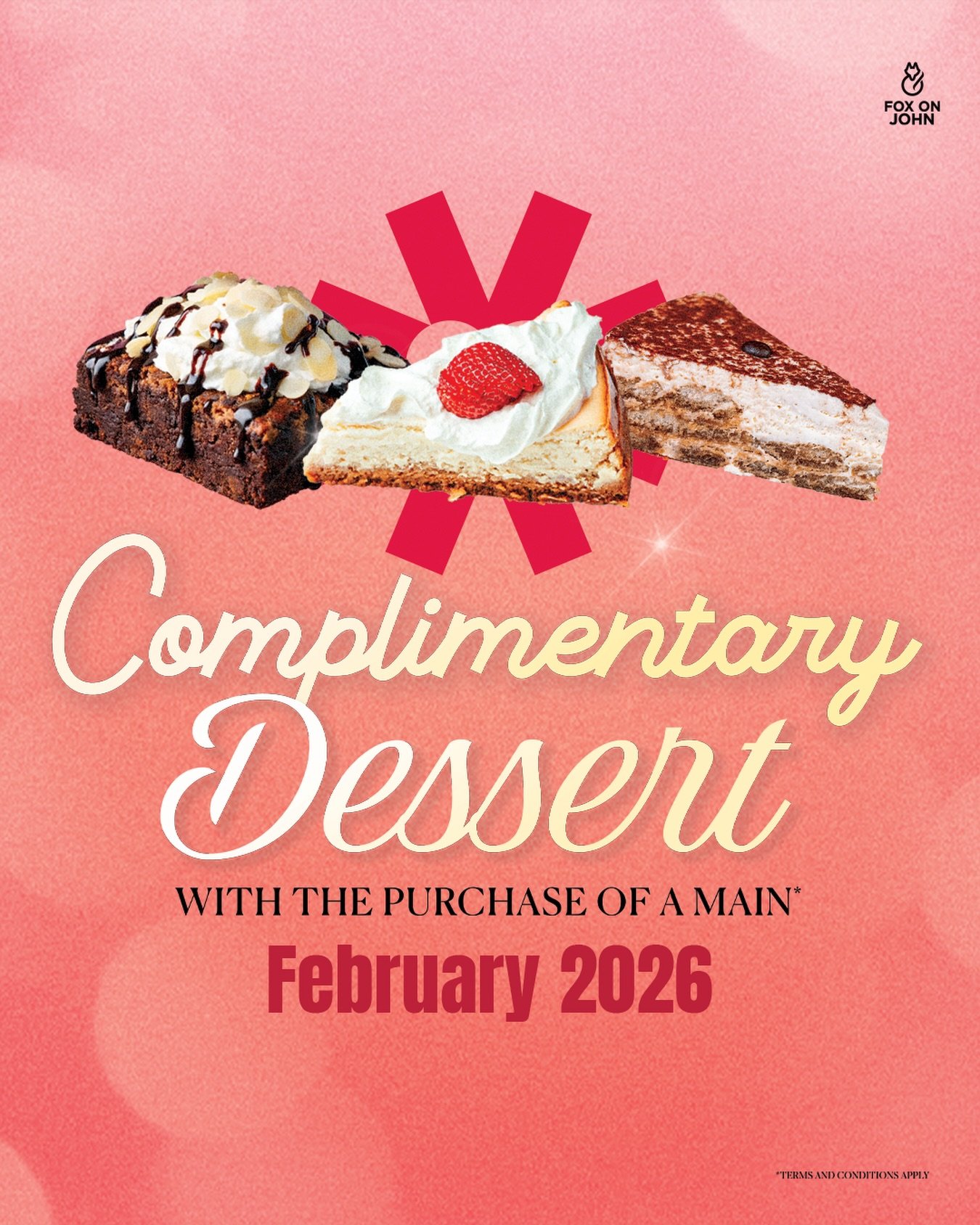 🍰 FEBRUARY SWEET DEAL AT FOX ON JOHN 🍰

Enjoy a complimentary dessert with the purchase of any main, handheld, pizza, or pasta all February long. Because every great meal deserves a sweet finish.

👉 Book now: FoxOnJohn.ca
📍 106 John St, Toronto

