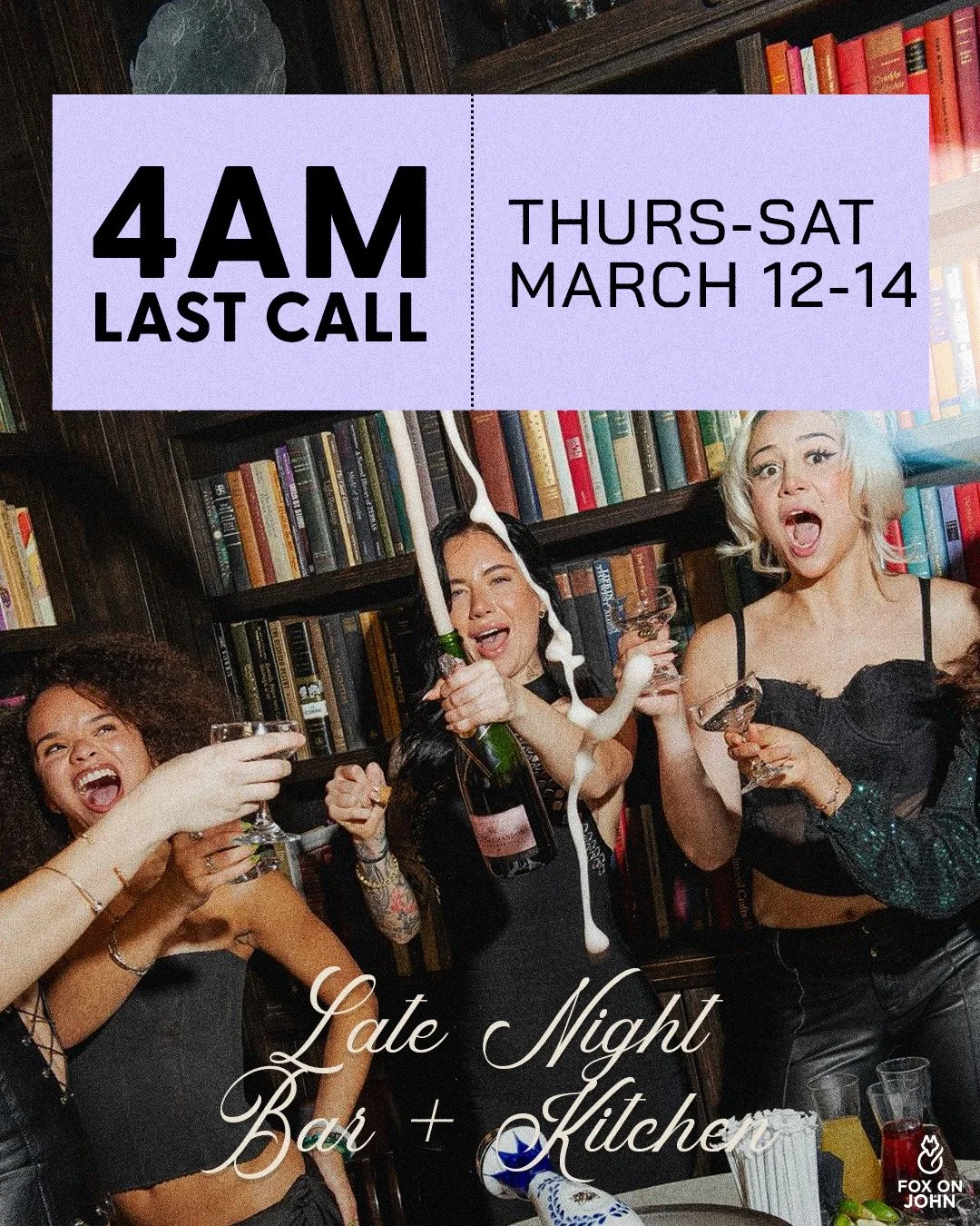 🚨 4 AM LAST CALL TONIGHT 🚨

The night goes late at Fox on John. Enjoy $10 doubles 🥃, bottle service 🍾, and our full kitchen 🍔 and bar 🍸 open until 4 AM last call.

Book now at FoxOnJohn.ca
📍 106 John St, Toronto

#FoxOnJohn #TorontoNightlife #