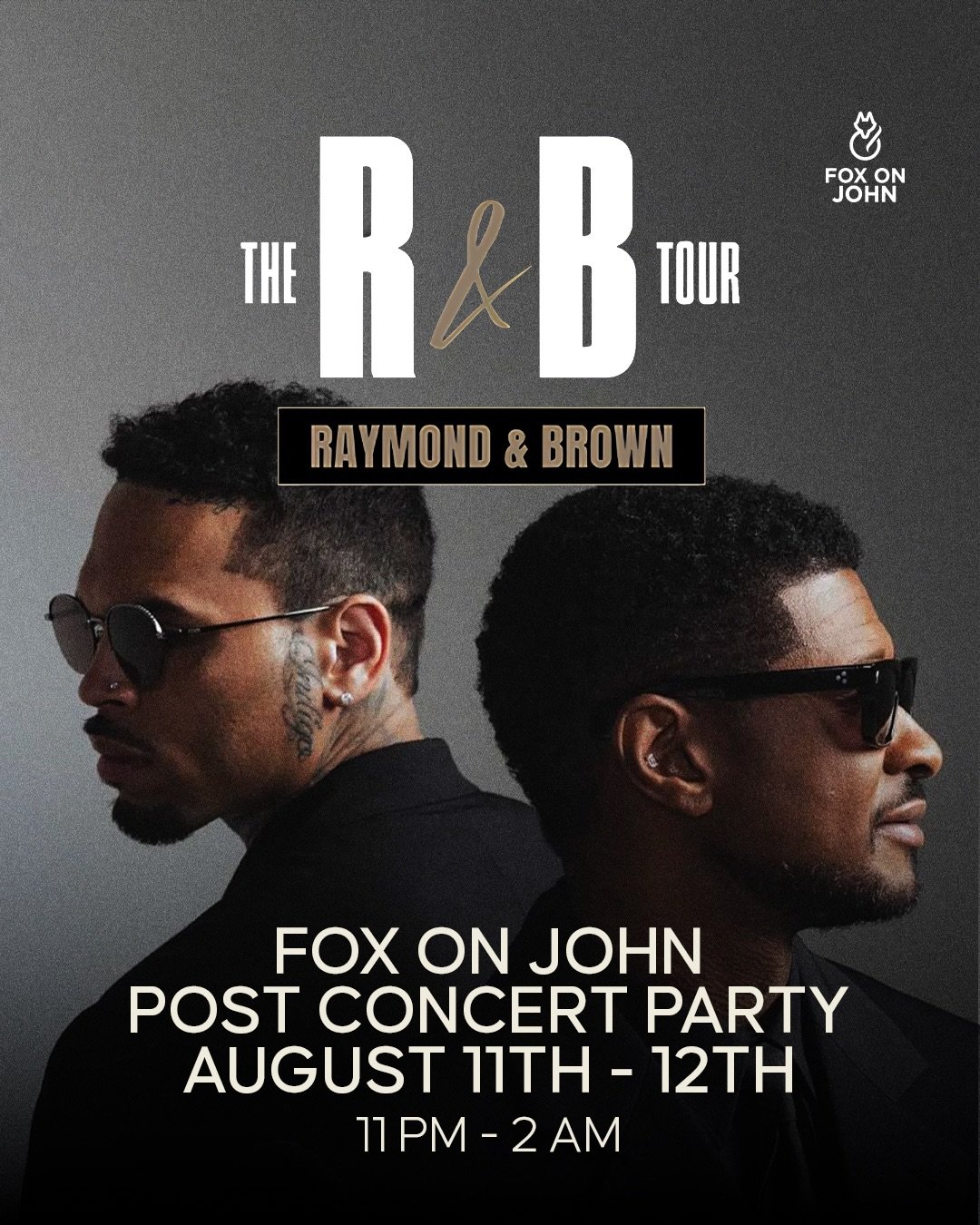 🎶🔥 CHRIS BROWN + USHER PRE &amp; POST-CONCERT PARTIES 🔥🎶

Heading to the show? Make Fox on John your concert night headquarters TODAY &amp; TOMORROW! 🕺✨

🎤 PRE-CONCERT PARTY | 4 PM&ndash;7 PM
Get hyped with classic Breezy &amp; Usher hits, food