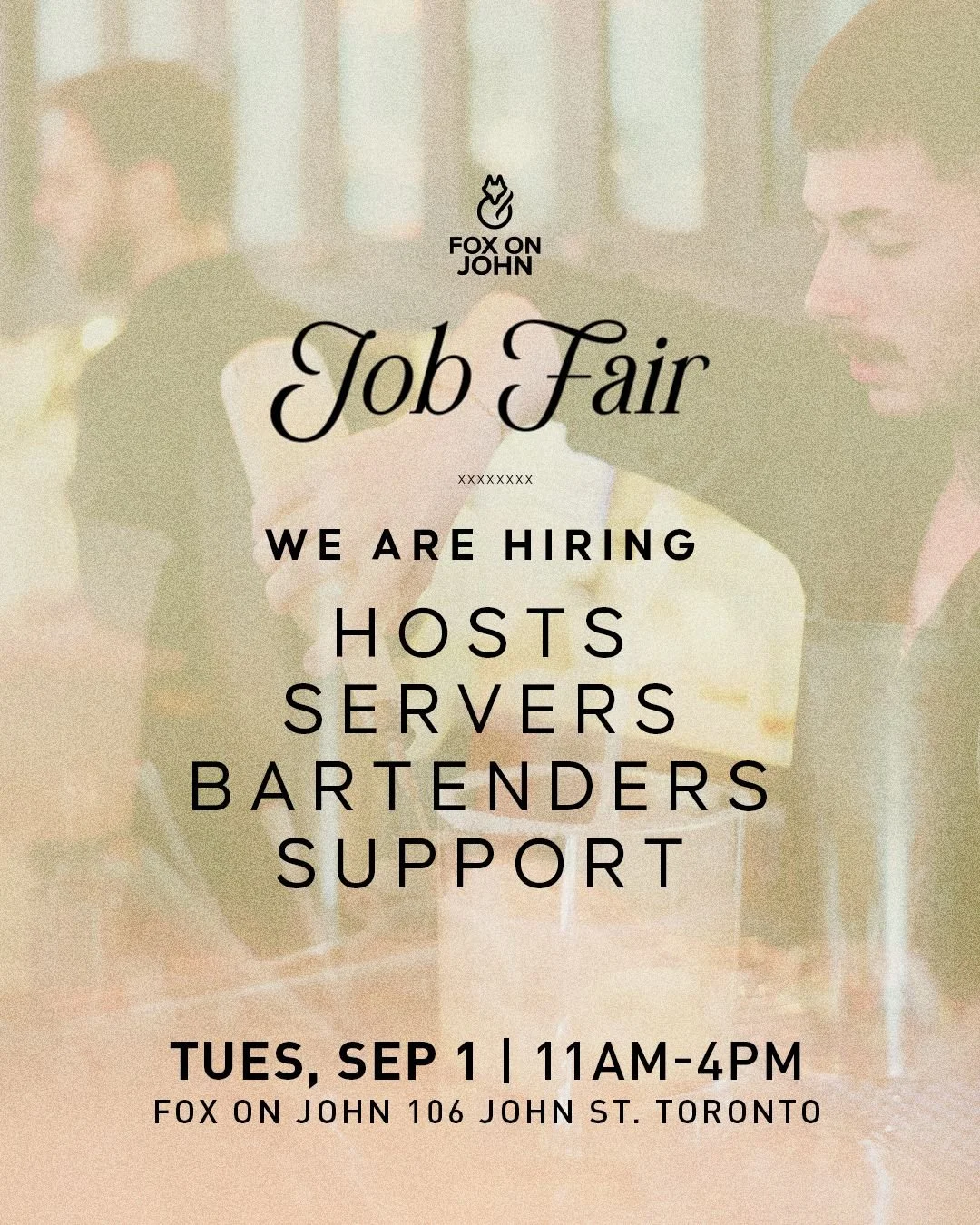 We&rsquo;re growing our team at Fox on John! 🦊

If you love good energy, busy nights, meeting new people, and being part of a fun team, we&rsquo;d love to meet you.

We&rsquo;re hiring: &bull; Hosts &bull; Servers &bull; Bartenders &bull; Support St