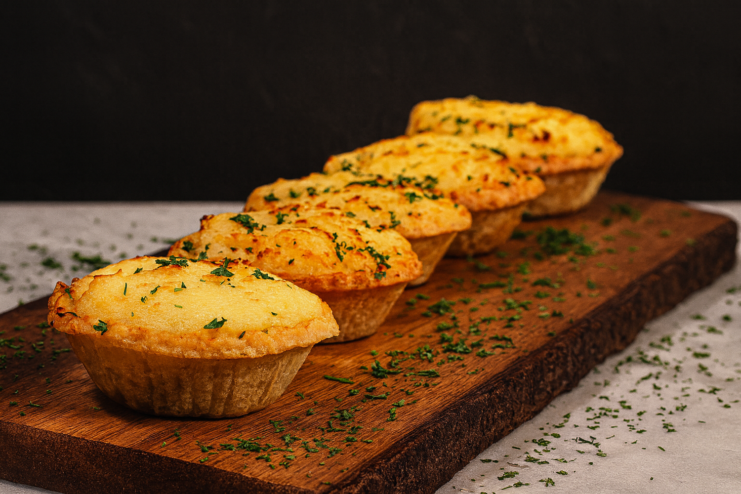 Fox on John golden savoury pies served in a row on a wooden board, garnished with herbs.
