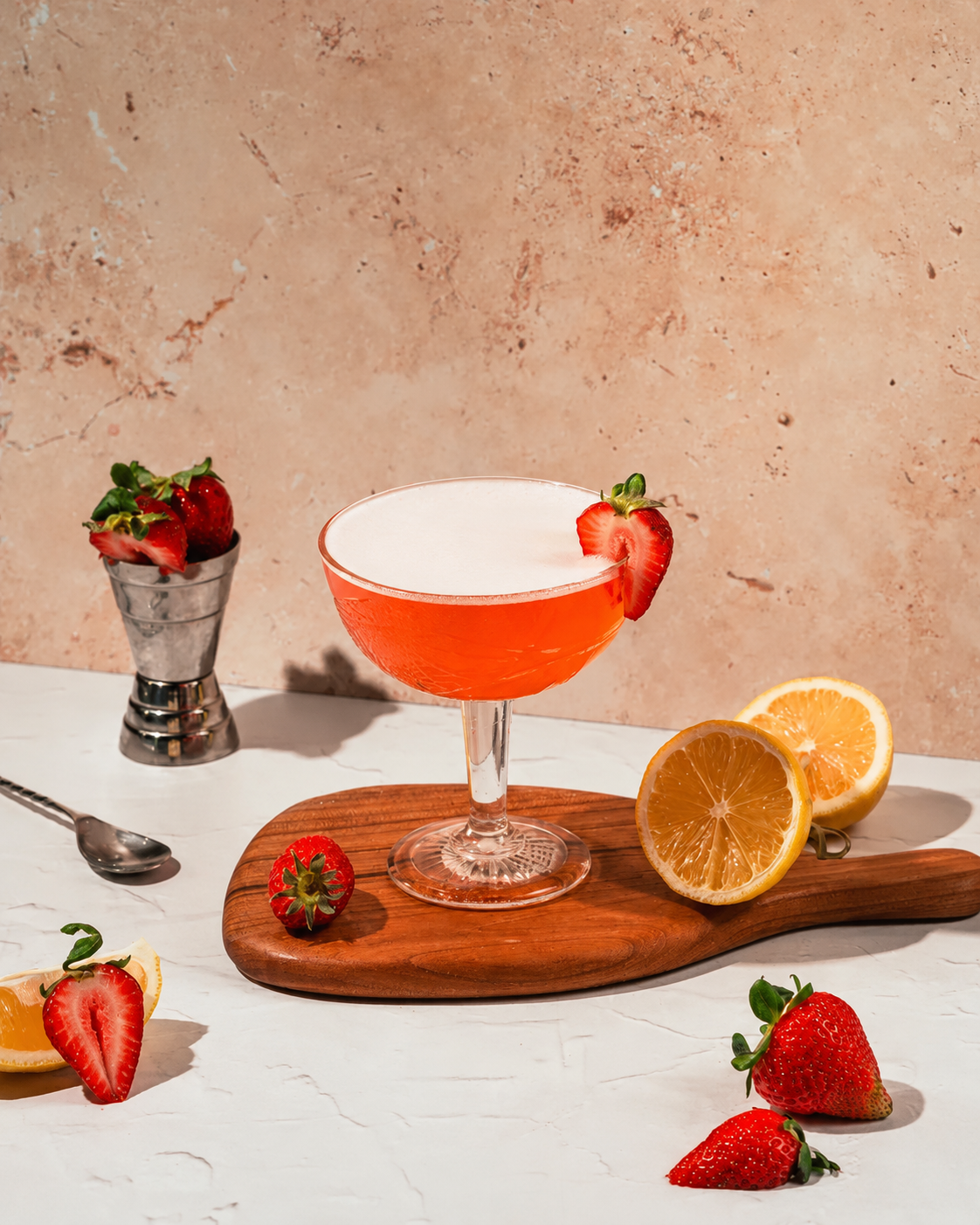 A pink cocktail with strawberry and red flower garnish on a wooden board, surrounded by lemon halves, fresh strawberries, and a small metallic cup with strawberries, set against a beige textured background.