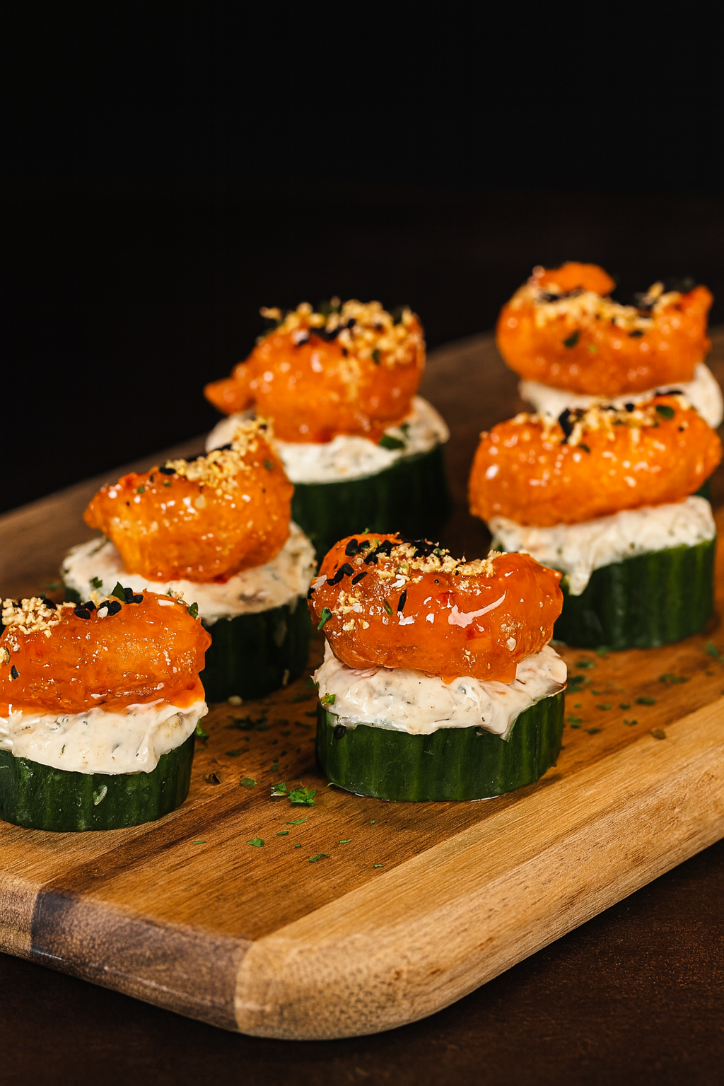 Four cheesy muffin cups garnished with chopped herbs on a wooden serving board