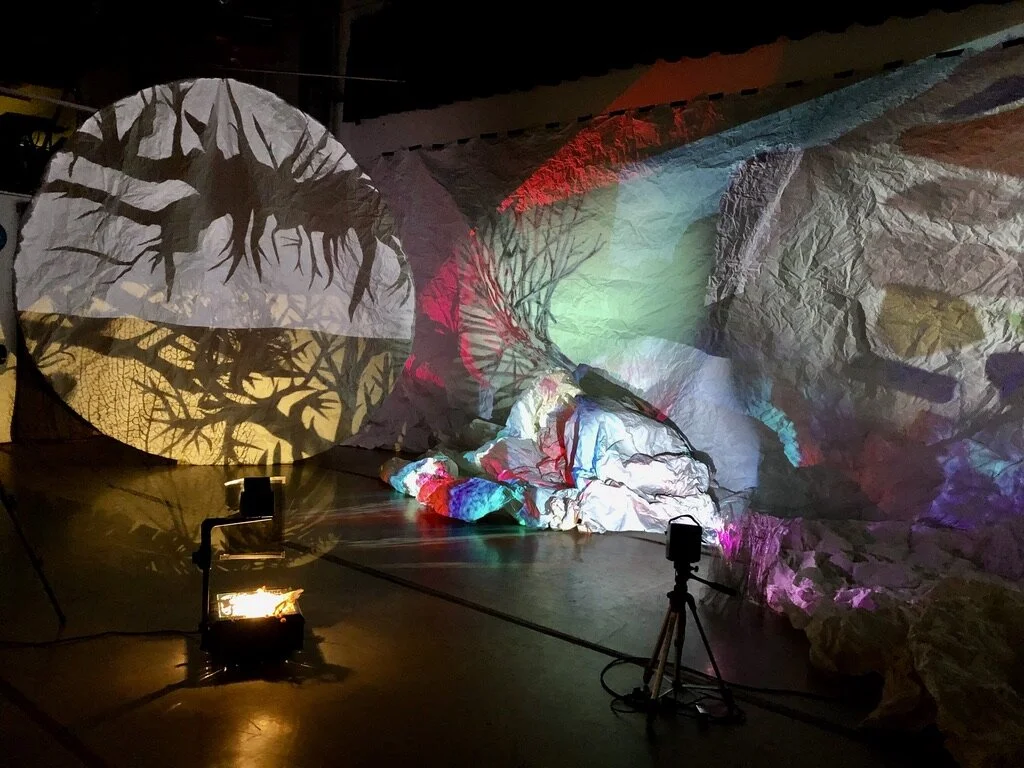 Image above: Facing West Shadows, The Endless End, 2021, paper sculpture, cast shadows, multiple projections of hand-made stop-motion animation (ink and graphite on yupo, collage, cut paper, found objects and silhouette animation) shadow puppetry and found footage, 30 x 20 ft (variable). Courtesy of the Artists. Photo: Lauren Tabak.