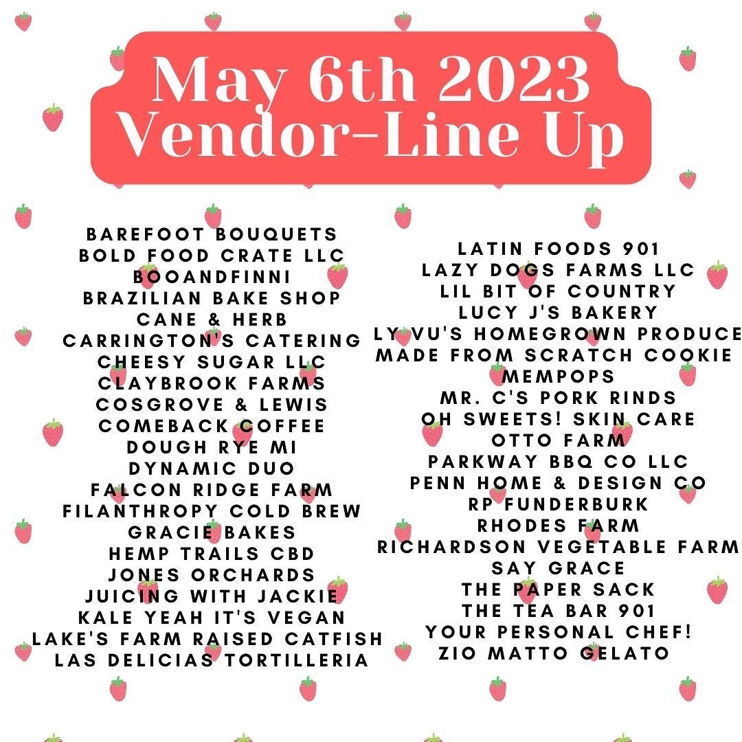 Check out this Saturday&rsquo;s vendor line up! Join us for our first May market!!! 🌞 🌸 🍓 

Every Saturday at the corner of GE Patterson and Front Street 8am-1pm.
 

#shoplocal #farmersmarket #memphisfarmersmarket #supportlocal