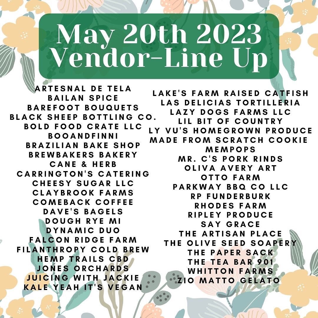 Check out this Saturday&rsquo;s vendor line up! Join us for a fun filled Saturday morning! The market will be full of flowers, vegetables, farm raised meats, baked goods, sweet treats, pottery, and more! Every Saturday April-October at the corner of 