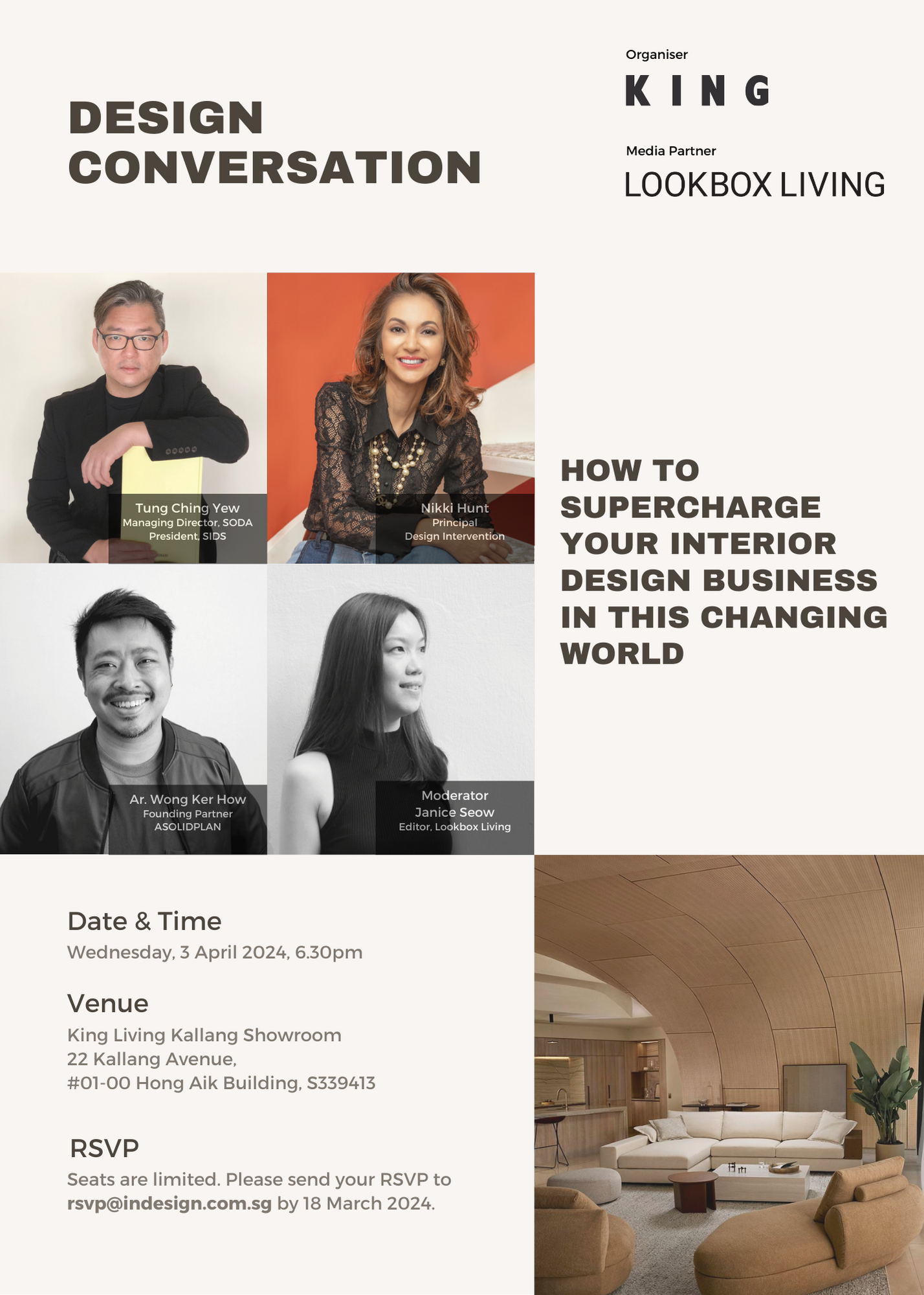  Excited to announce that Tung Ching Yew, our Managing Director, will be joining the stellar panelists at King Living‘s Design Conversation kingliving series on coming Wednesday, 3rd April 2024. Grateful for the personalized invitation from Lookbox L