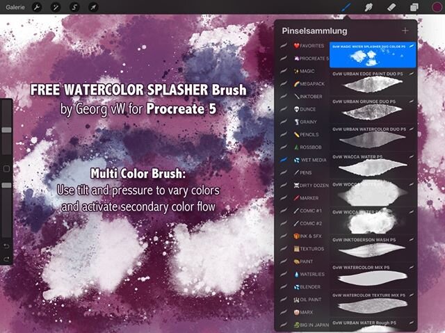 Hey guys! Here comes the 💝#FREE &quot;MAGIC WATER SPLASHER DUO COLOR P5&quot; brush, one of my brand-new #watercolor #dual #brushes for @Procreate, to celebrate the game-changing BrushStudio features of #Procreate5:  https://gumroad.com/l/procreate-