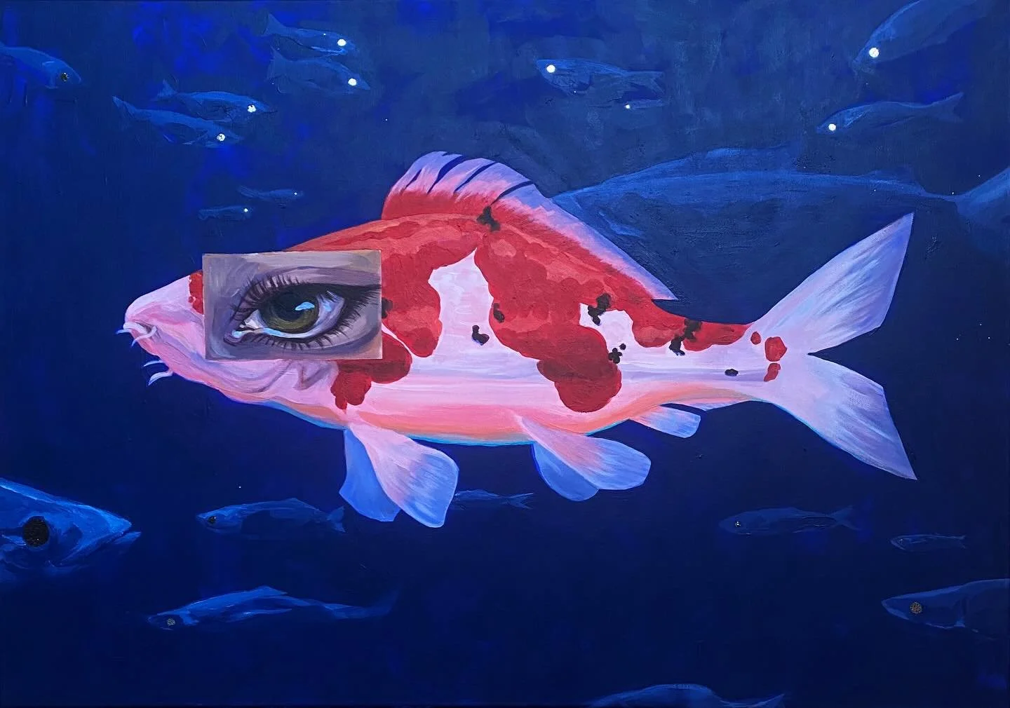 Finally finished! This has been hunting my room and consciousness forever and I m so happy to call it done at last! The background fishes have silver foil eyes :) 
Acrylics on canvas.

#acrylicpainting #fishpainting #koi