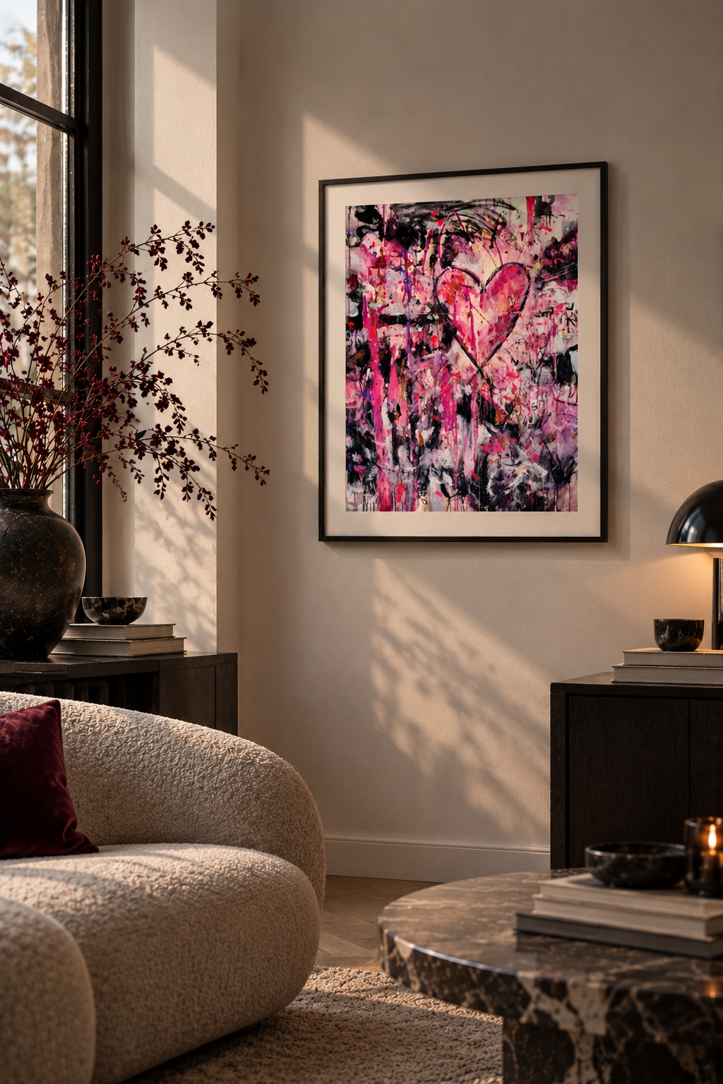 Mysig vardagsrumsvignett med rosa abstrakt konst.png