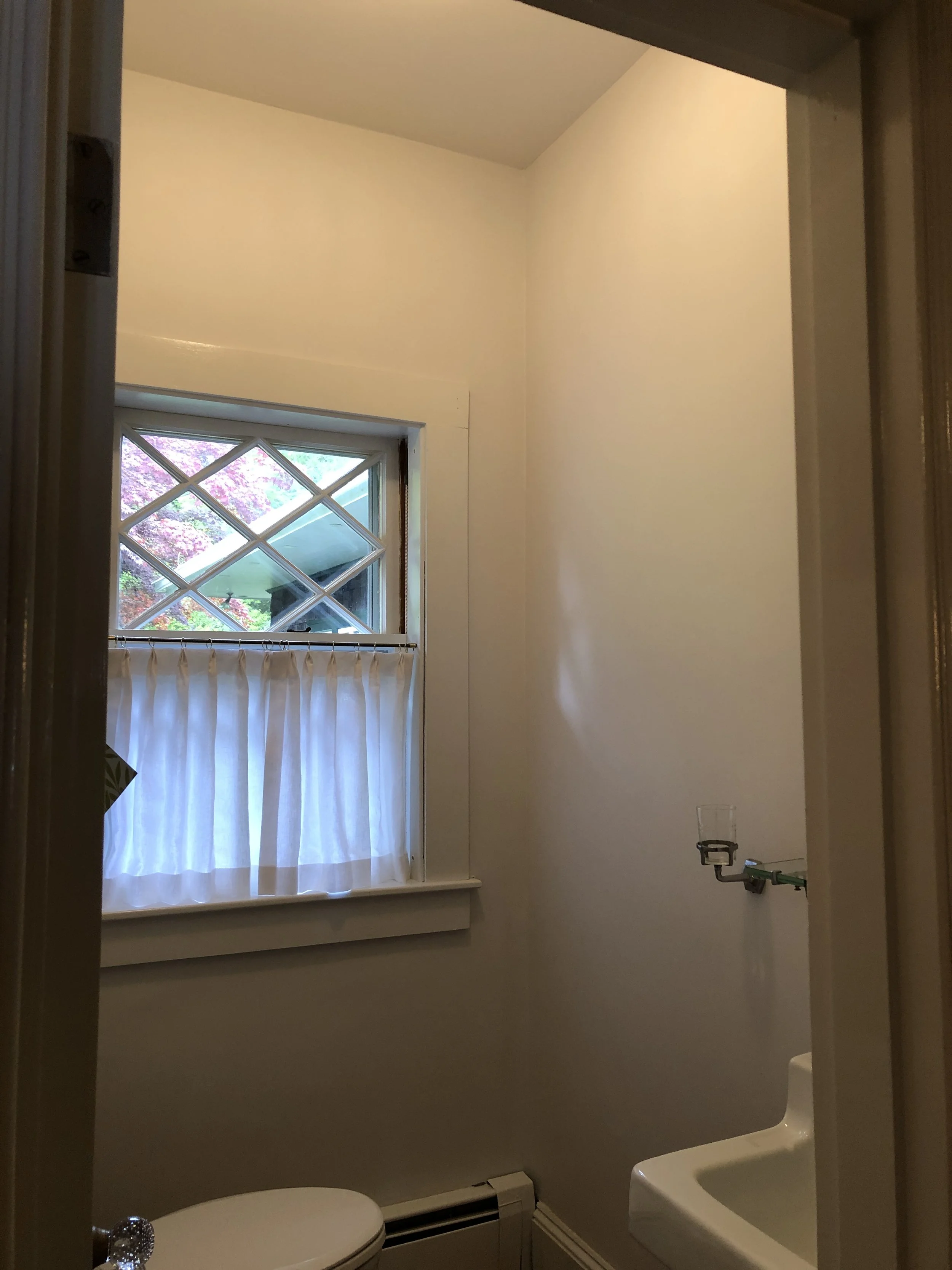 Trompe l'oeil Powder Room • Faux paneling, latticework, and plant life. 