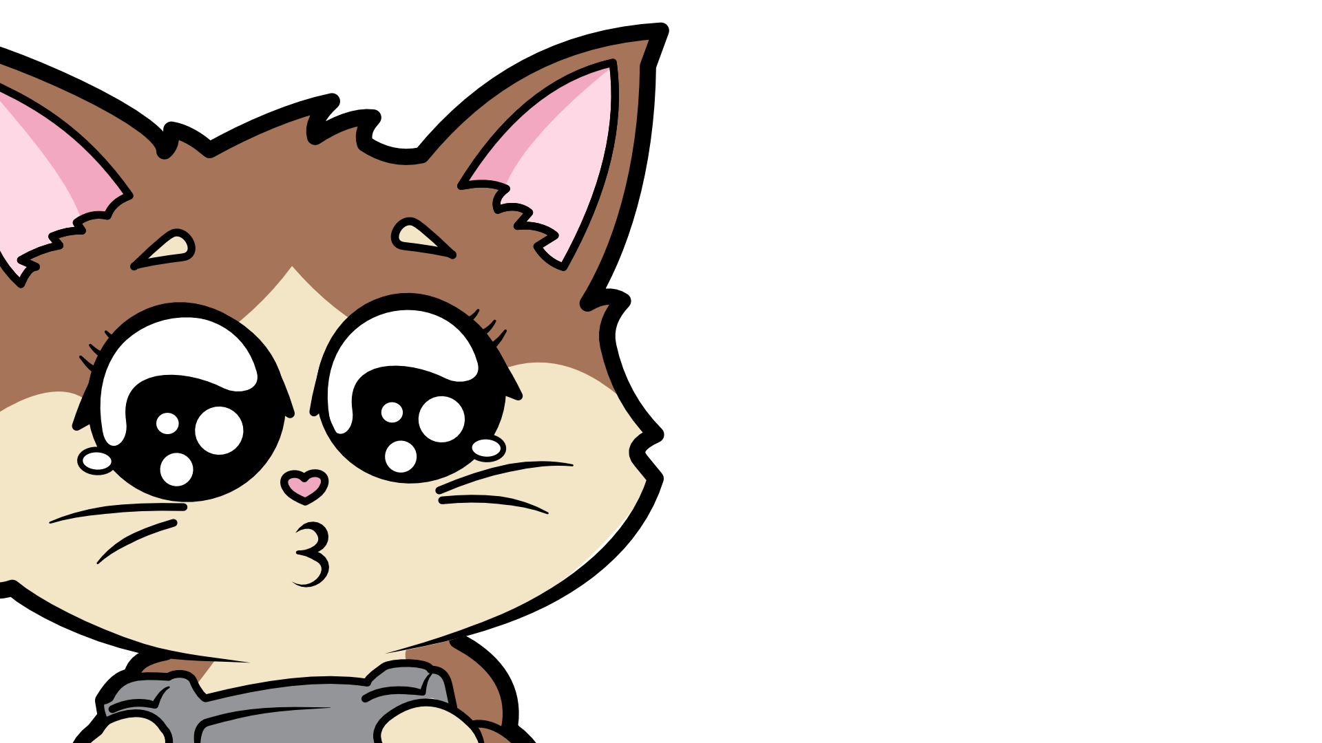 Cartoon illustration of a cute, wide-eyed, anthropomorphic kitten with brown and cream fur, pink inside ears, and a small pink heart-shaped nose, holding a gray object.