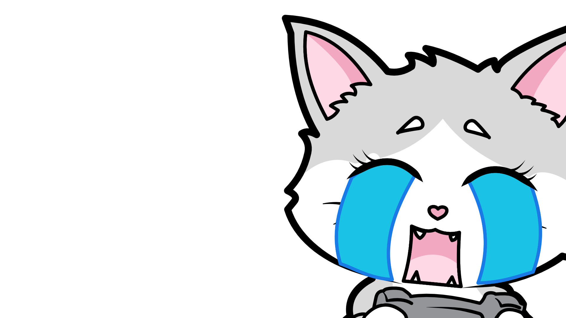 Cartoon gray and white kitten with pink ears, crying with big tears streaming down its face, holding a video game controller.