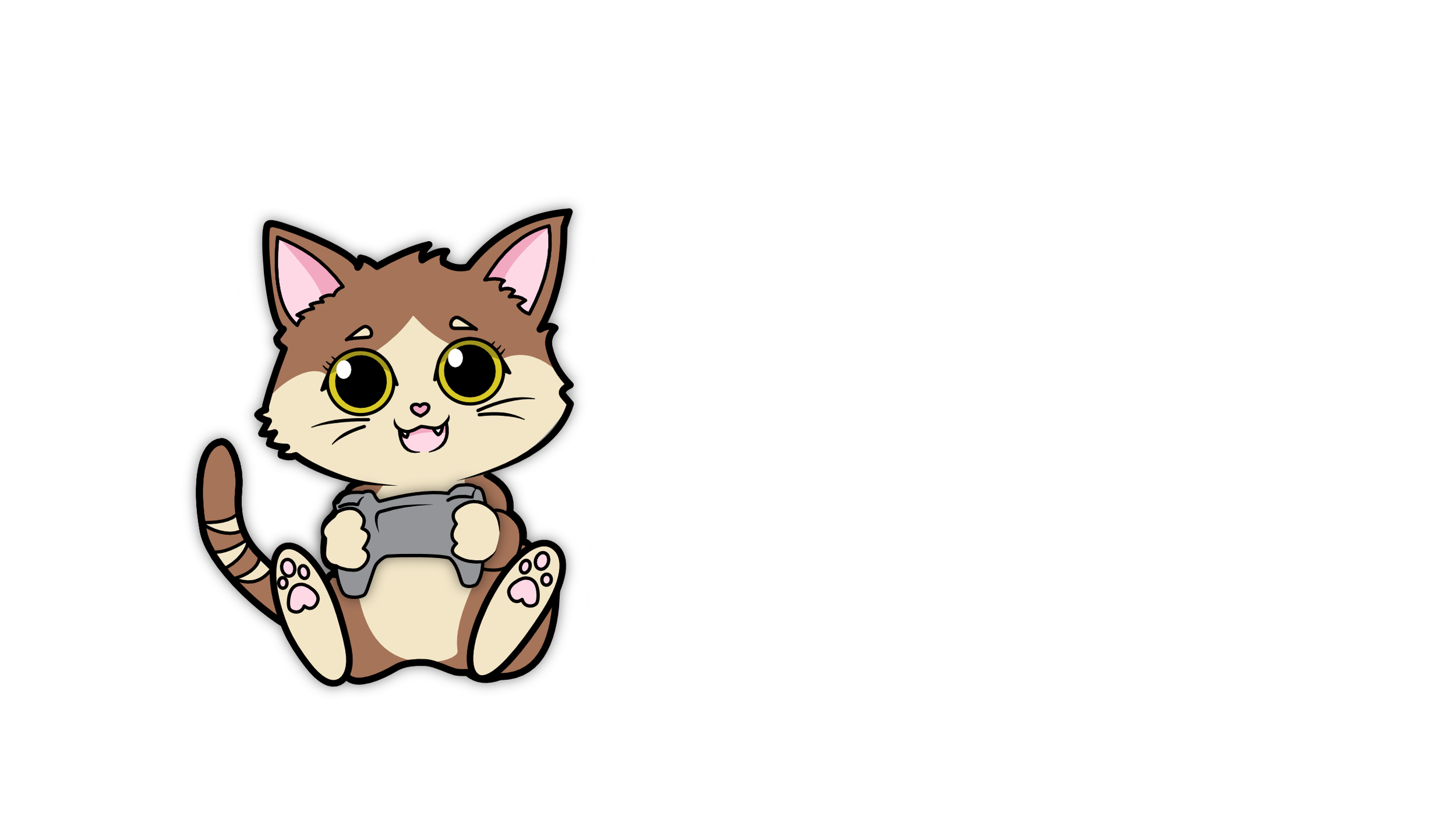 Cute cartoon cat with big yellow eyes, holding a game controller, sitting with its legs spread out, smiling