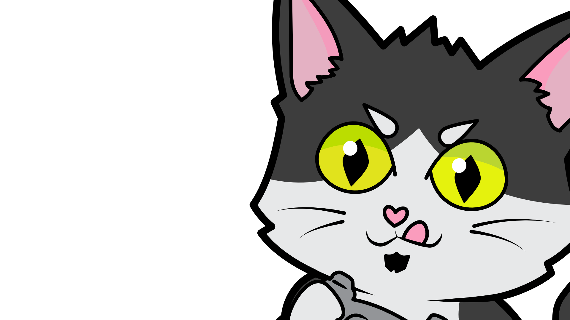 A cartoon black and white cat with lime green eyes, pink ears, and a pink heart-shaped nose, showing a surprised or curious expression.