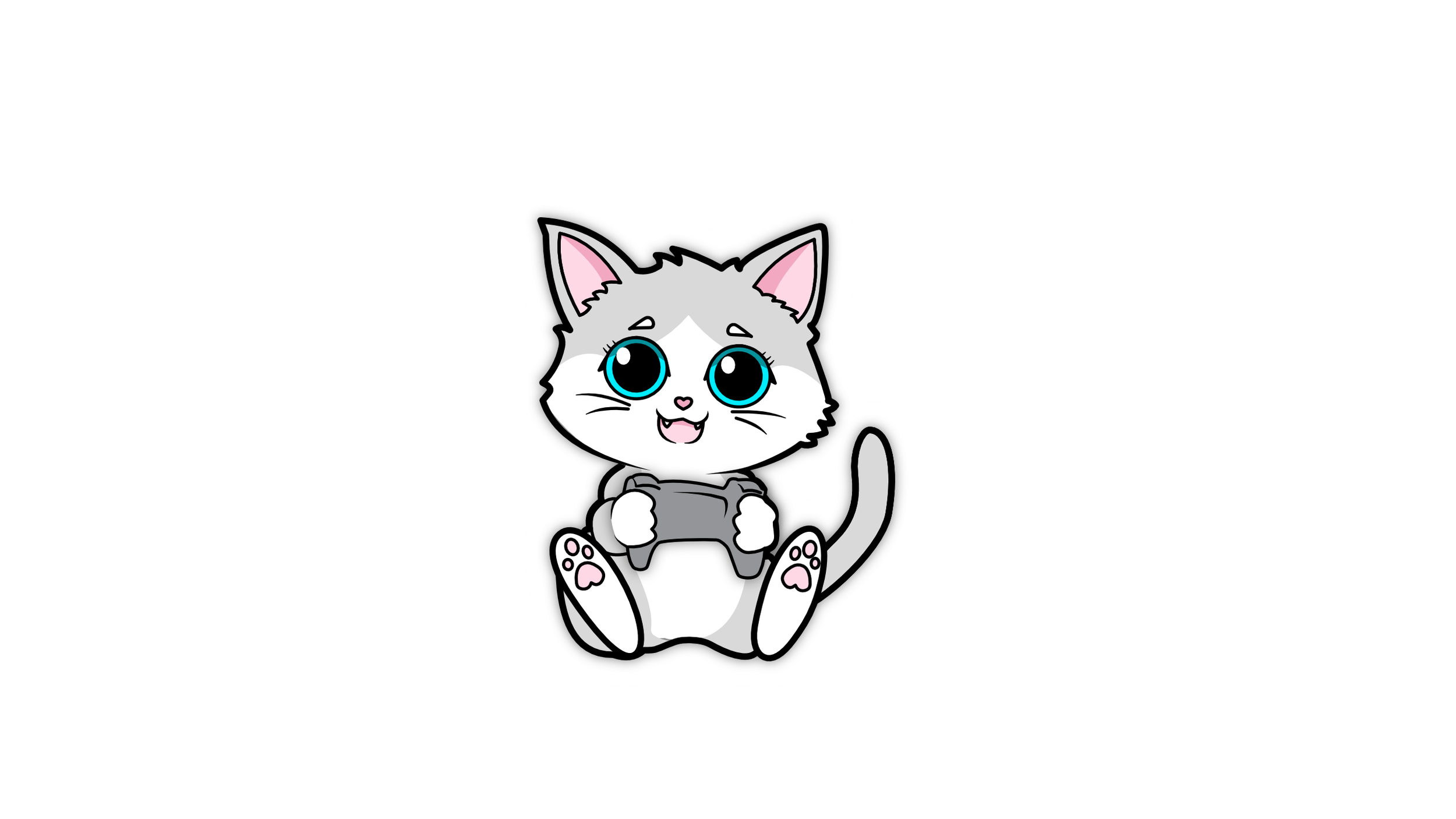 Cute animated gray and white kitten with big blue eyes sitting and holding a video game controller.