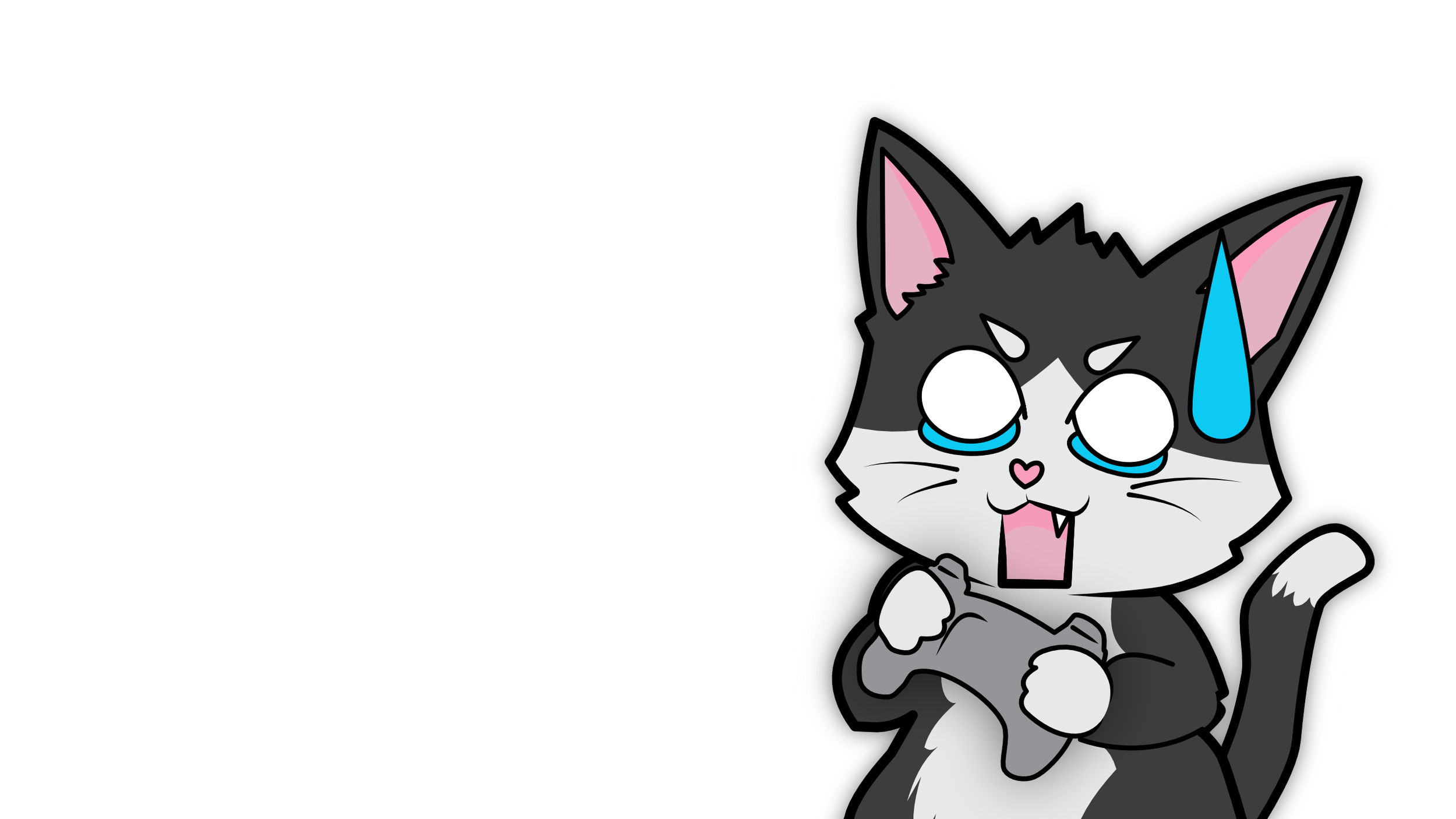 A cartoon black and white cat showing a surprised expression with a sweat drop, wide eyes, and a slightly open mouth, holding a small gray object.