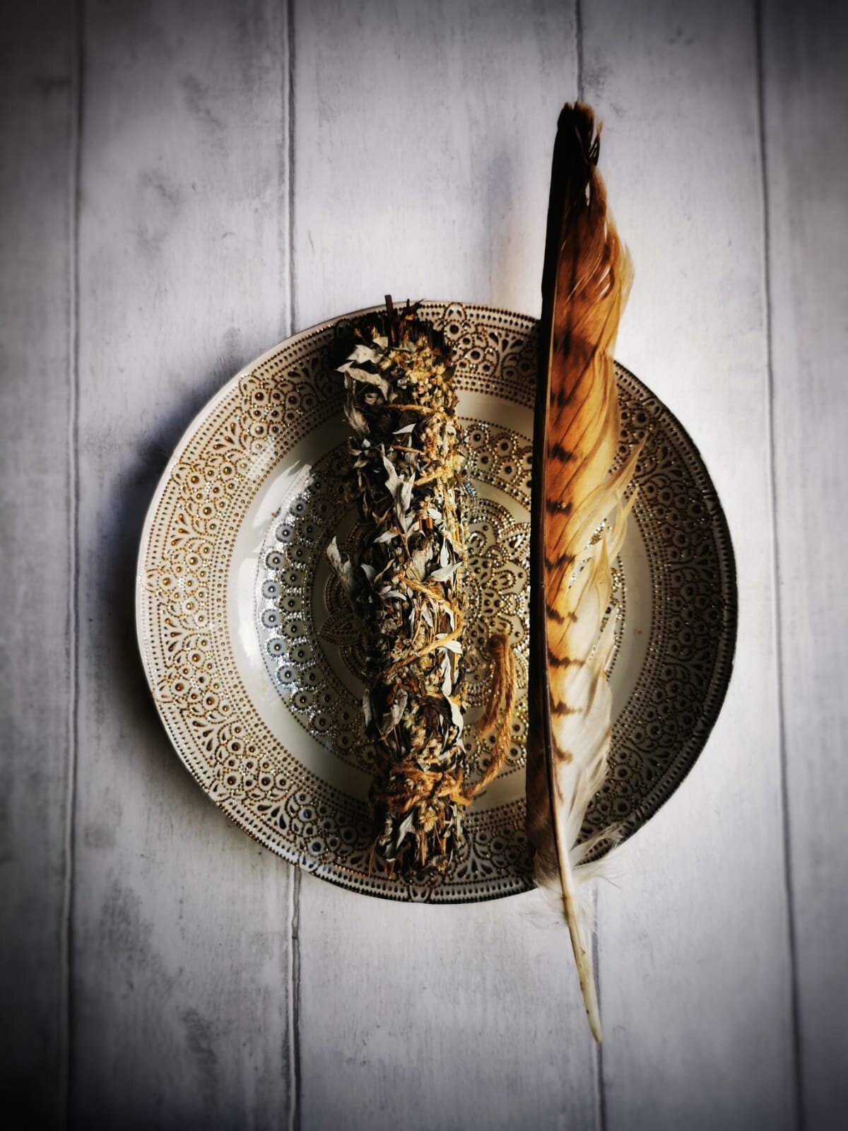 Mugwort Smudge stick Feather Meadowsweet Wellbeing.jpg