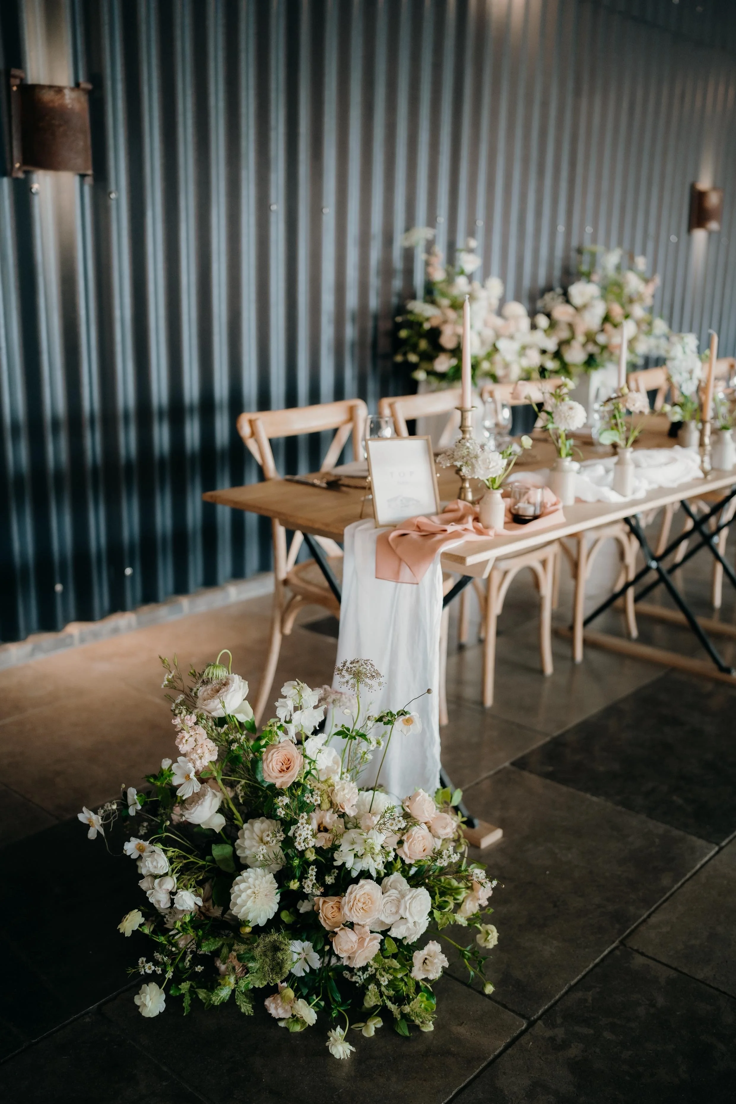 top table styling with brass candlesticks chiffon table runners in peach and blush modern barn wedding at grangefields wedding stylist derbyshire sass weddings veue dresser (7).JPG