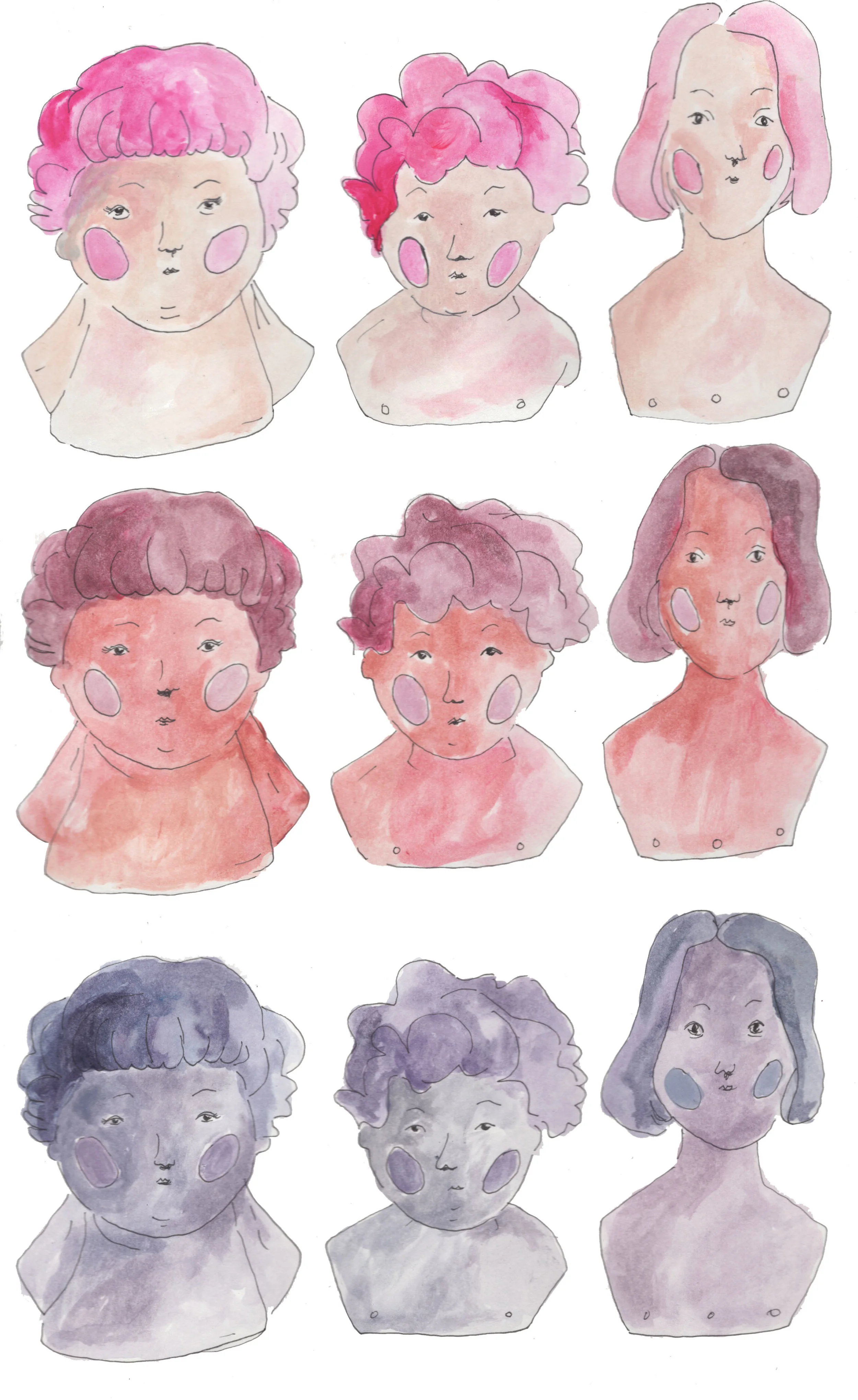 “The Heads Don’t Match,” 2019, Acrylic & Gouache on Paper inspired by Ms. Virginia’s childhood memory of replacing broken china doll heads