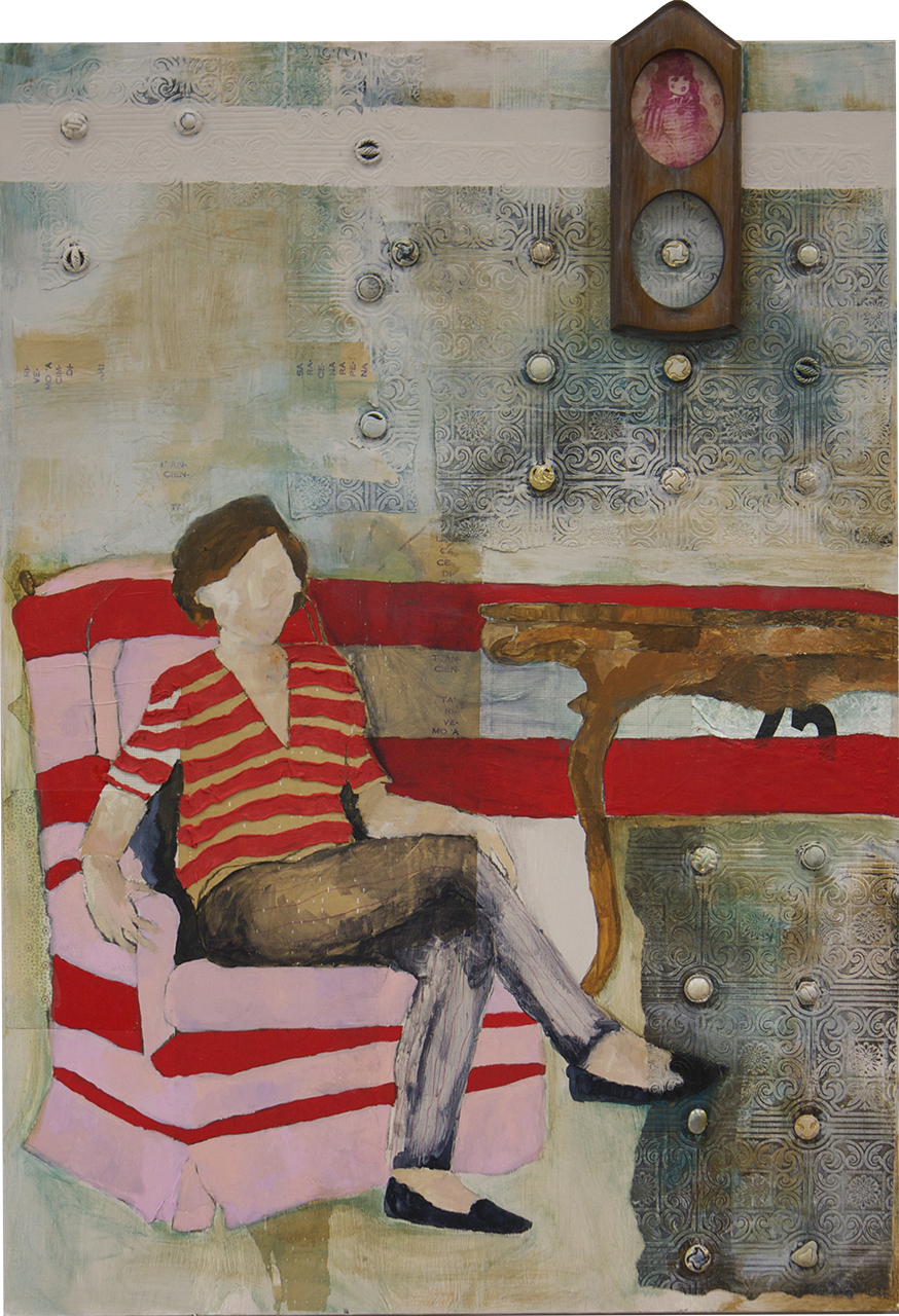  Sitting in My House of Collections,  2012, Acrylic, collage, found objects and fabric on panel, 48 x 34 x 1 3/4 inches 