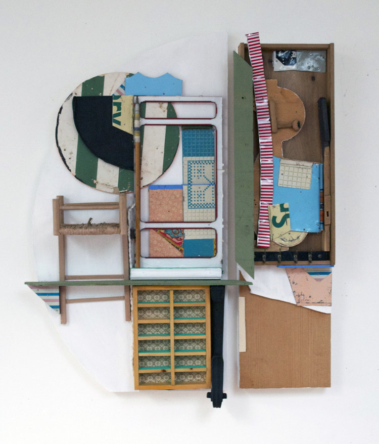   Floor Plan,&nbsp; 2015, Acrylic, Flashe Vinyl, Collage, Tin, Nails, Wood, Found Objects on Panel 