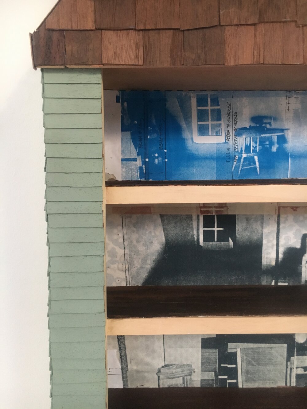   Treehouse, ( Detail), 2018, Wood, serigraphy, found materials, house paint, dimensions variable 