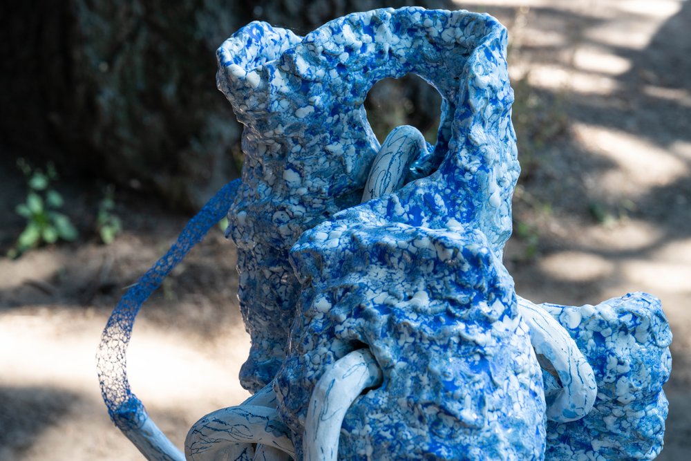  Detail of  Could, Might, Should, Would,  Elizabeth Arzani, Glazed stoneware, wire, fabric, latex paint, steel and wood, 2022-23, photo courtesy of Simone Fischer 