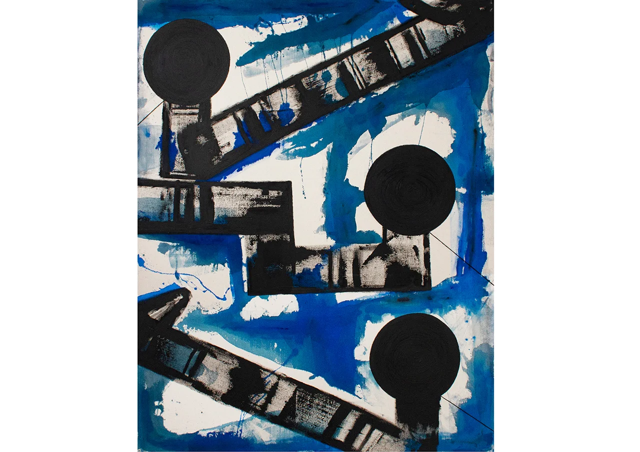 Above from top: ‘Upstream’ 2019, ‘Together’ 2019, ‘Push on’ 2019 All measuring 130 x 165 cm or 51 x 64 inches. Acrylic on Japanese stretched canvas with stitch detail.