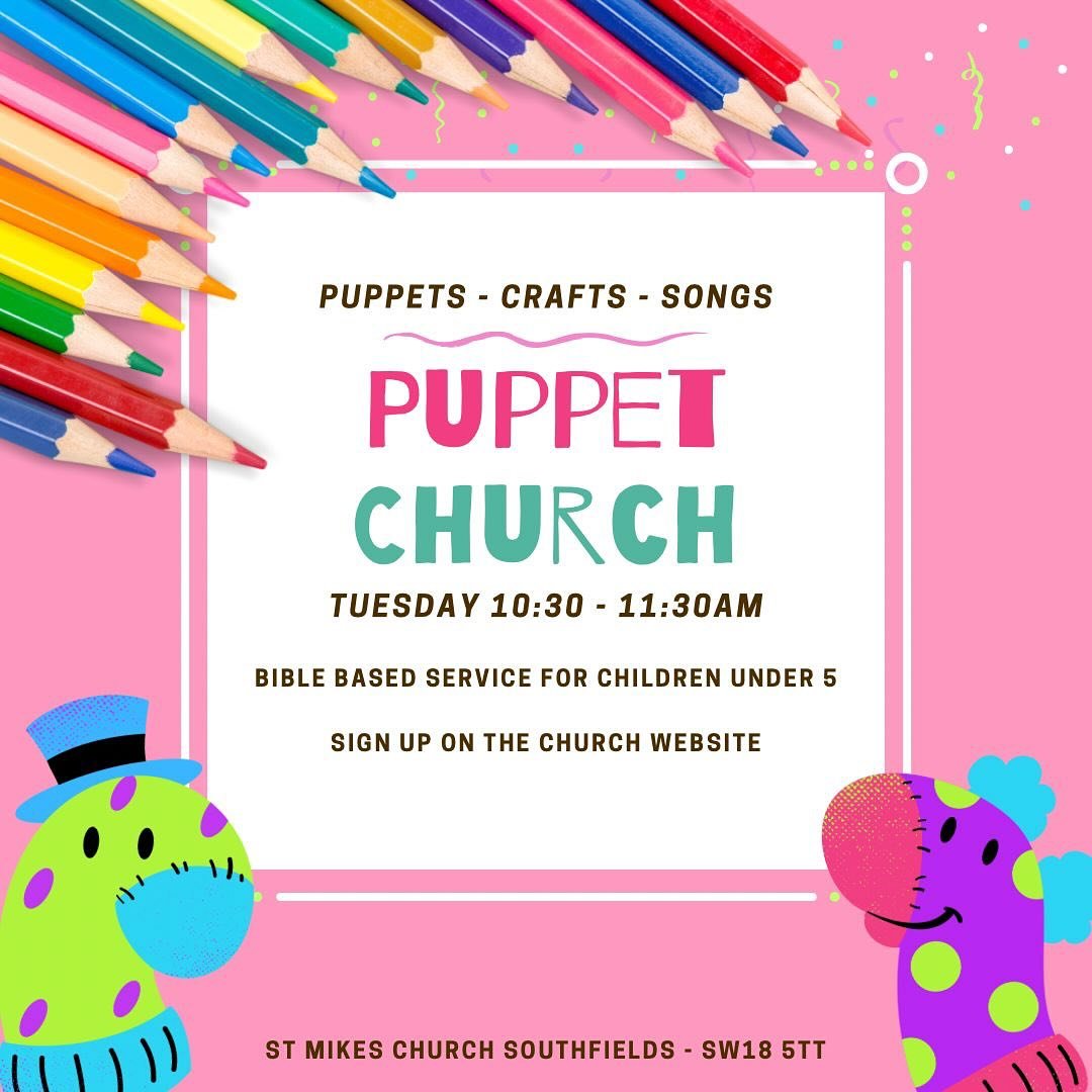 Puppet Church today at 10:30am - come and enjoy singing, craft and a Bible story with friends. All welcome!

#church #churchofengland #southwarkdiocese #puppetchurch #kidschurch #toddlergroup #localchurch #sw18 #sw18mumsnetwork #sw18parents #sw18mums