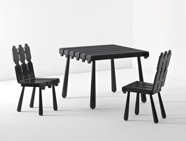“Quille” table and pair of chairs, painted wood (1955) by Jean Royère Photograph: ©Phillips