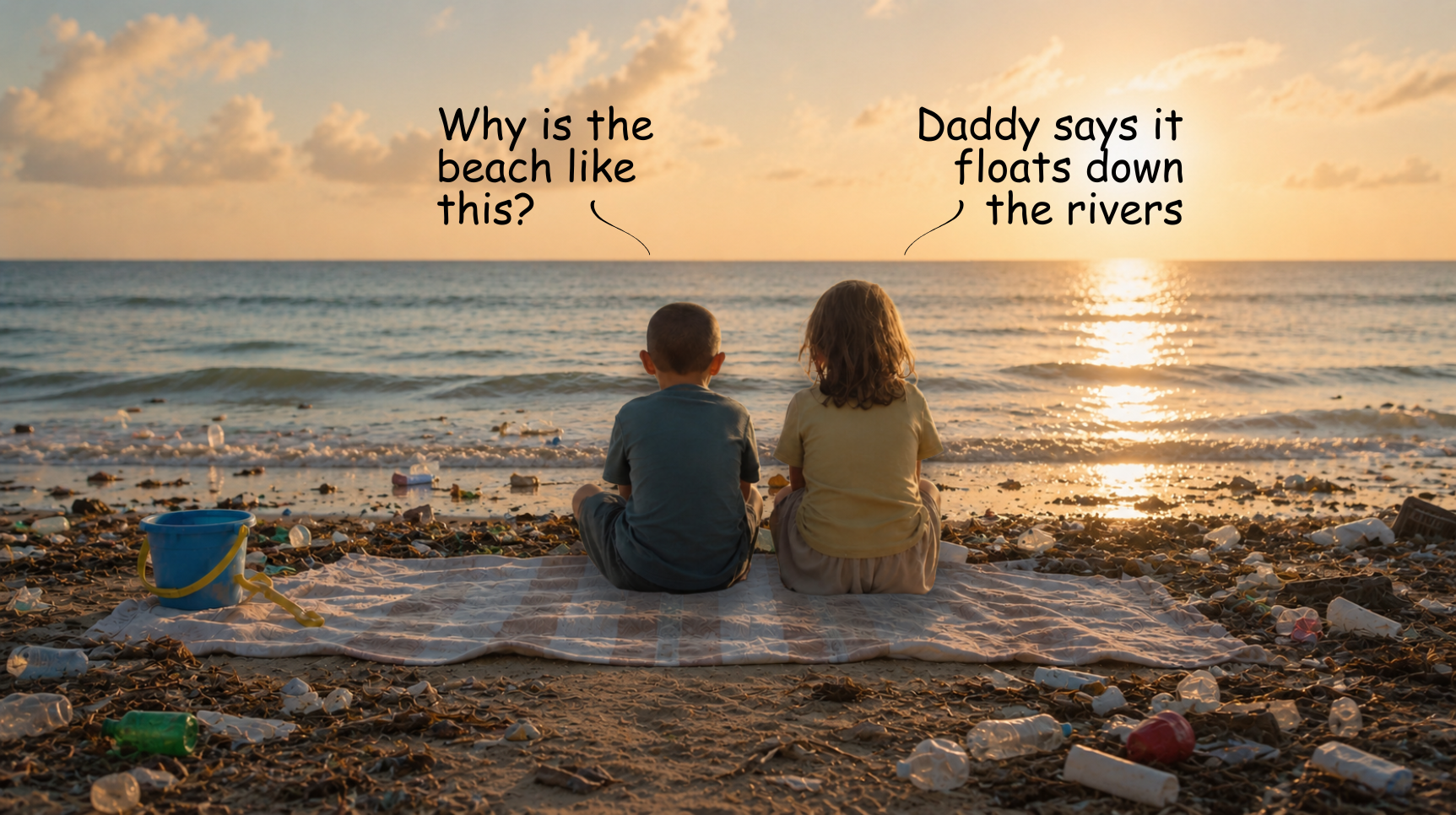 Children sitting on littered beach