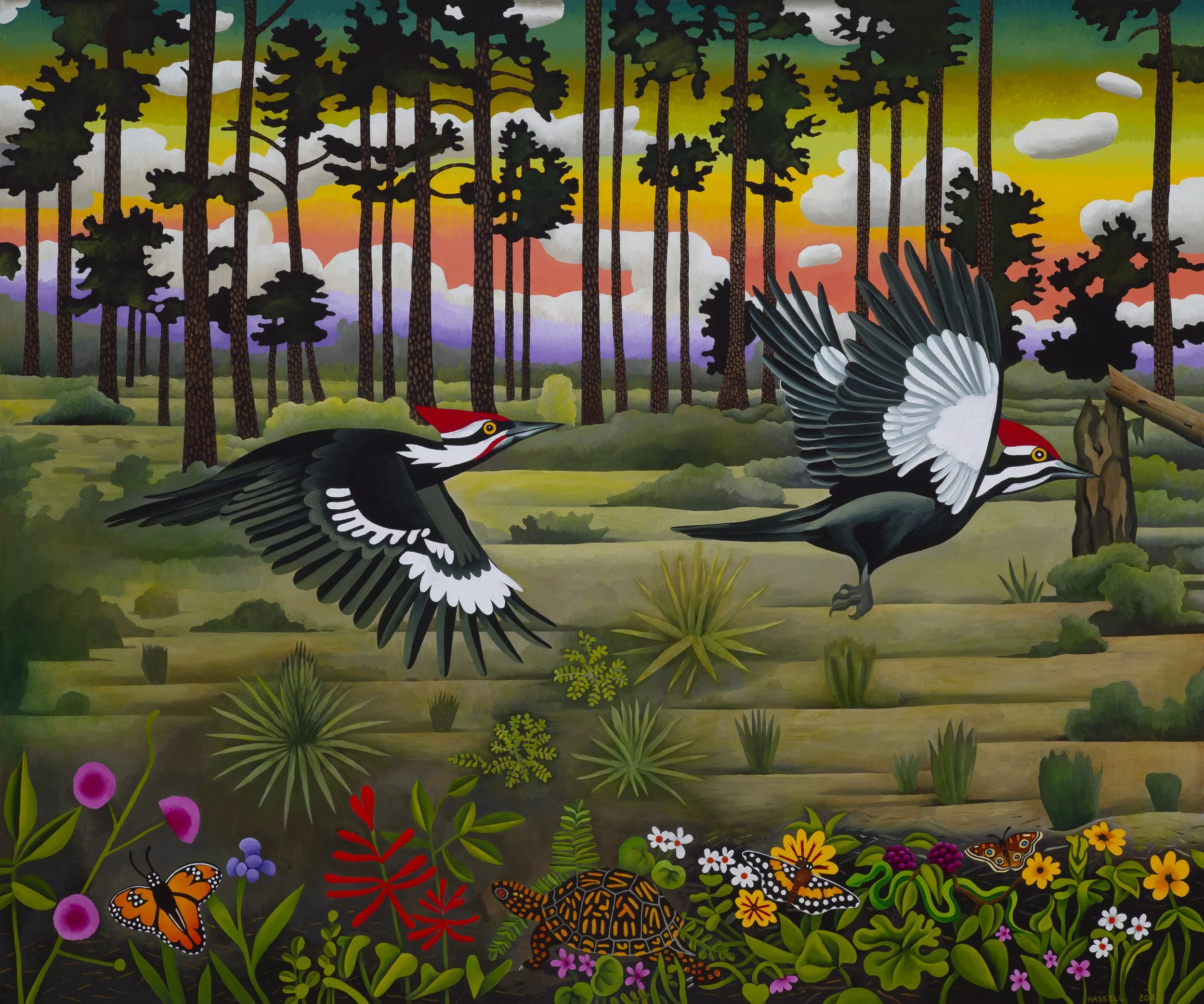 PILEATED WOODPECKERS AND LONGLEAF PINES oil on canvas 60x72 inches.jpeg