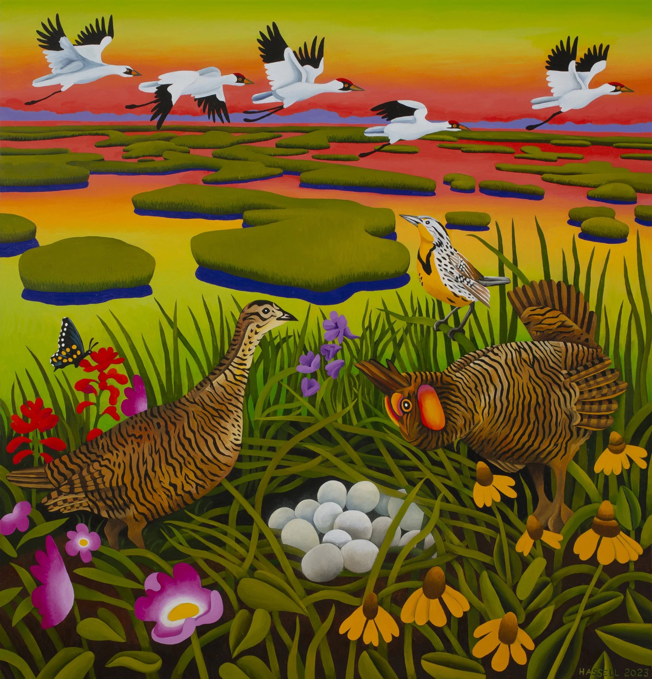 PRAIRIE CHICKENS AND WHOOPING CRANES oil on canvas 50x48 inches.jpeg