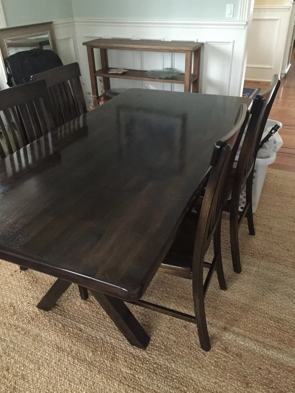 This farmhouse style table with a bench was not needed for the dining room, and provides great workspace for the entire family.