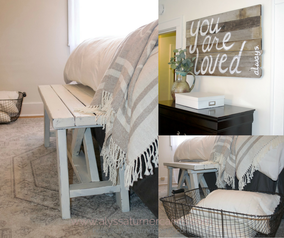 This bench was a lucky find at a local shop, and the creamy linens, crisp white sheets, and muted ivory rug blend to create a warm and inviting space that is till bright and clean.