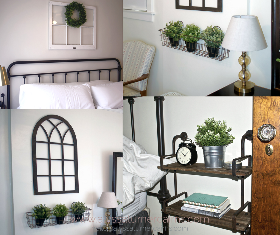The pops of greenery really go a long way to bring personality and intentional design to this room. They create a color palette that feels fresh and clean, and perfectly fit Peg's farmhouse inspiration. These industrial inspired nightstand shelves are great for small spaces and really add to the design!
